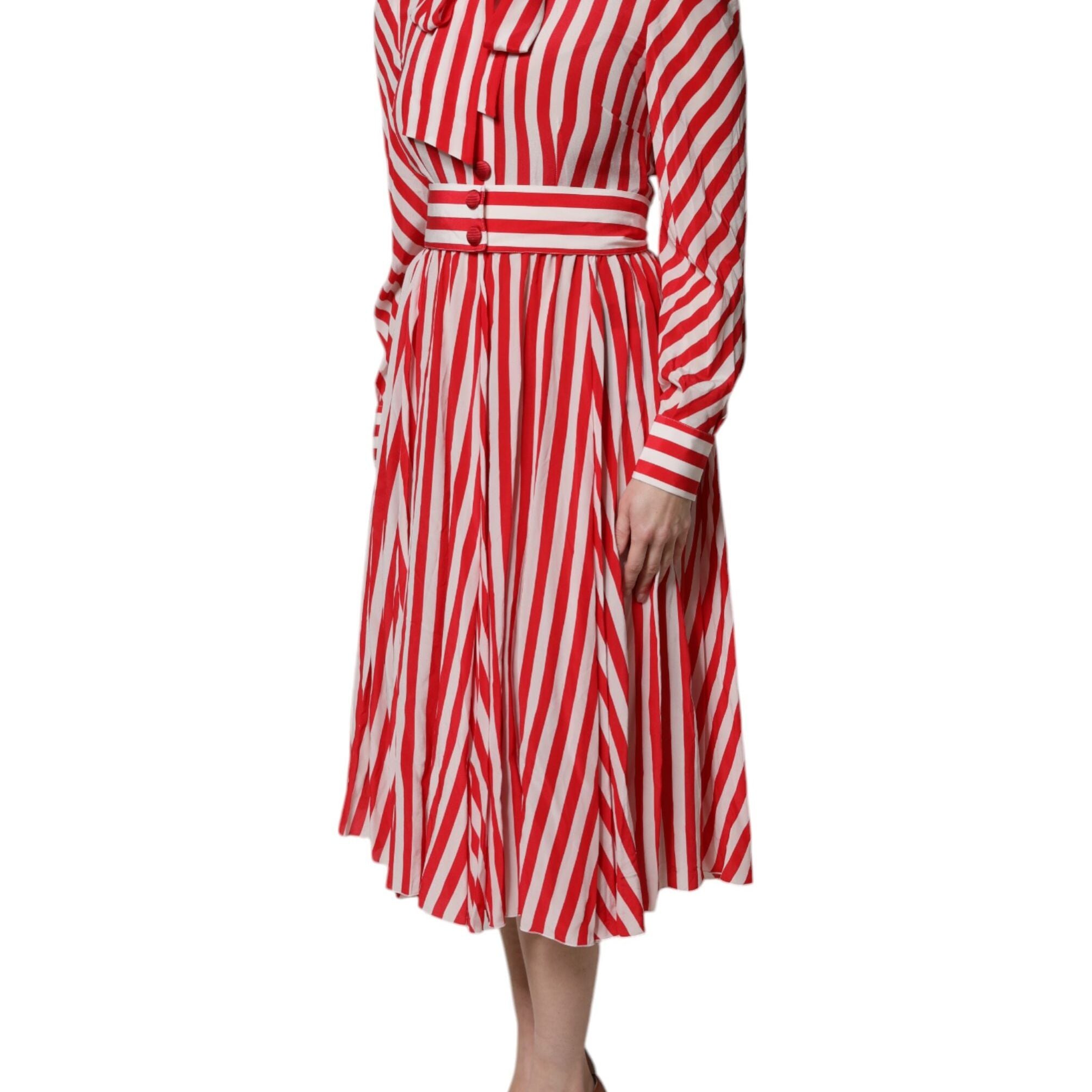 Dolce & Gabbana White Red Stripes Long Sleeves Midi Dress