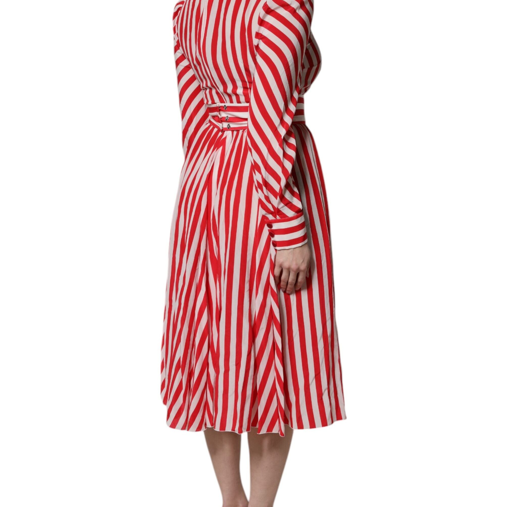 Dolce & Gabbana White Red Stripes Long Sleeves Midi Dress