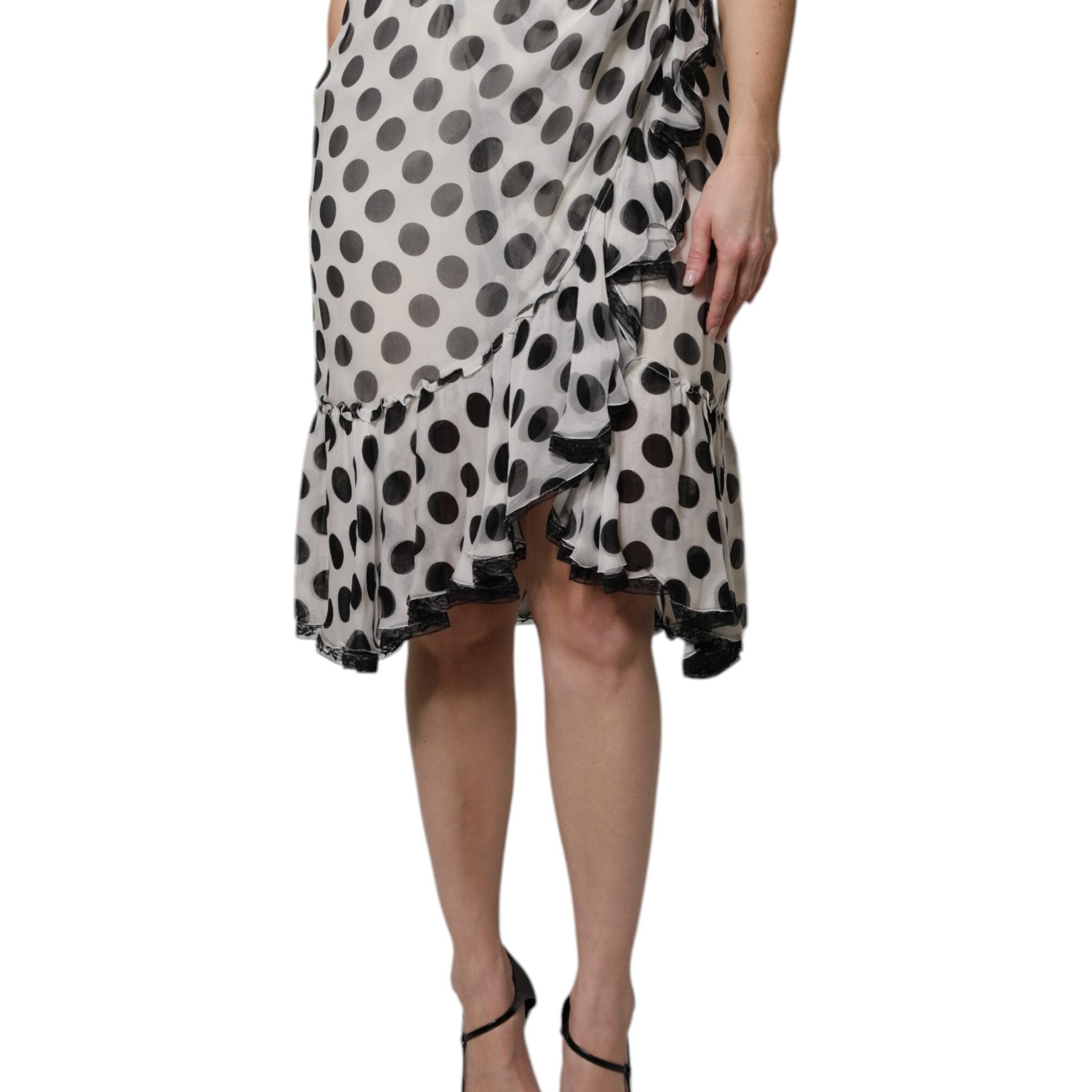 Dolce & Gabbana White Black Polka Dots Knee Length Skirt