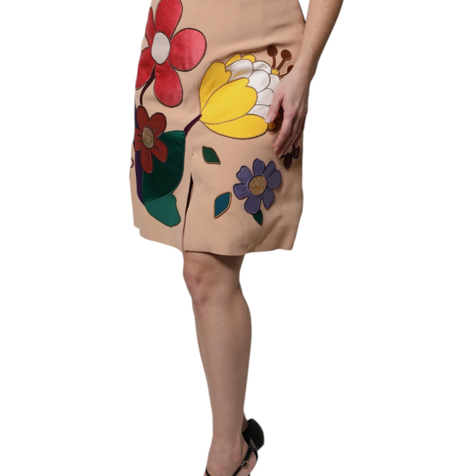 Dolce & Gabbana Beige Floral High Waist Pencil Cut Skirt