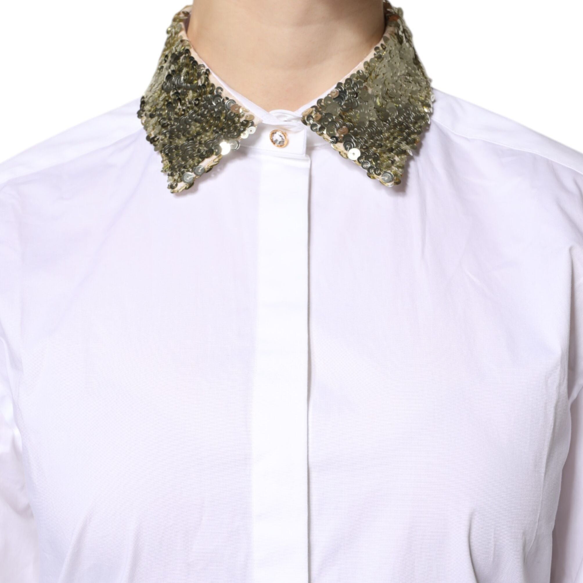 Dolce & Gabbana White Cotton Long Sleeves Sequin Shirt Top