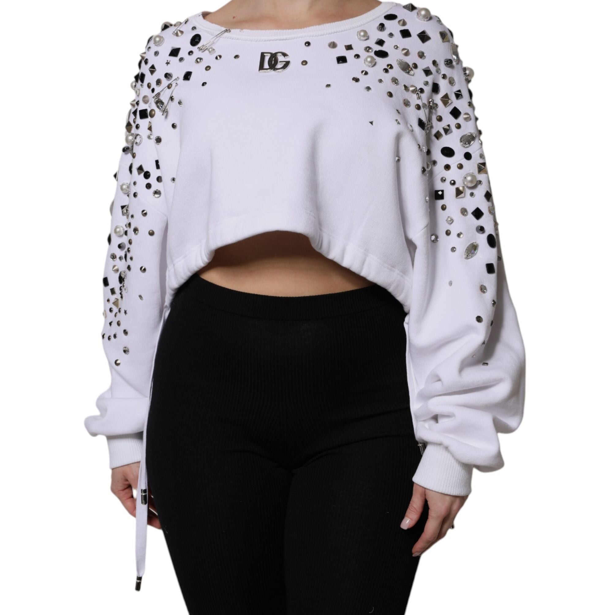 Dolce & Gabbana White Embellished Long Sleeve Cropped Sweater