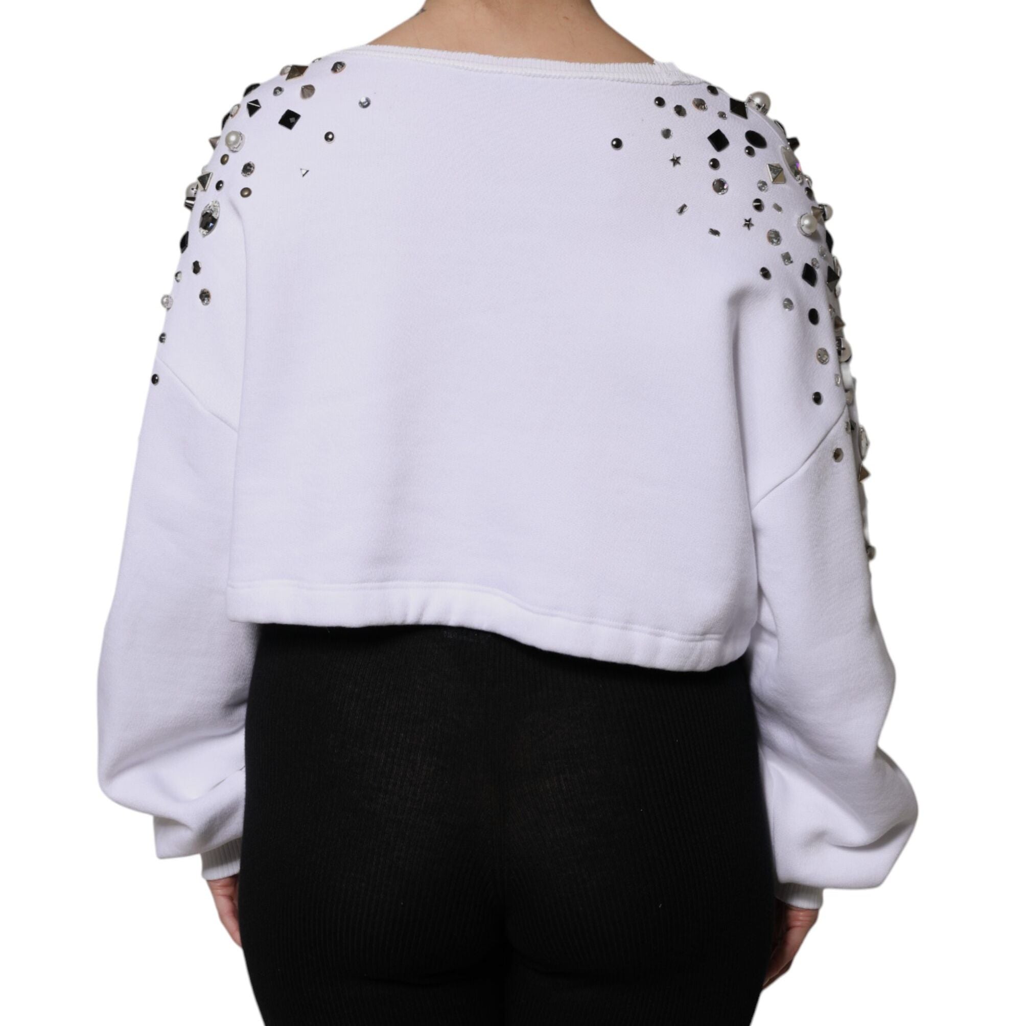 Dolce & Gabbana White Embellished Long Sleeve Cropped Sweater