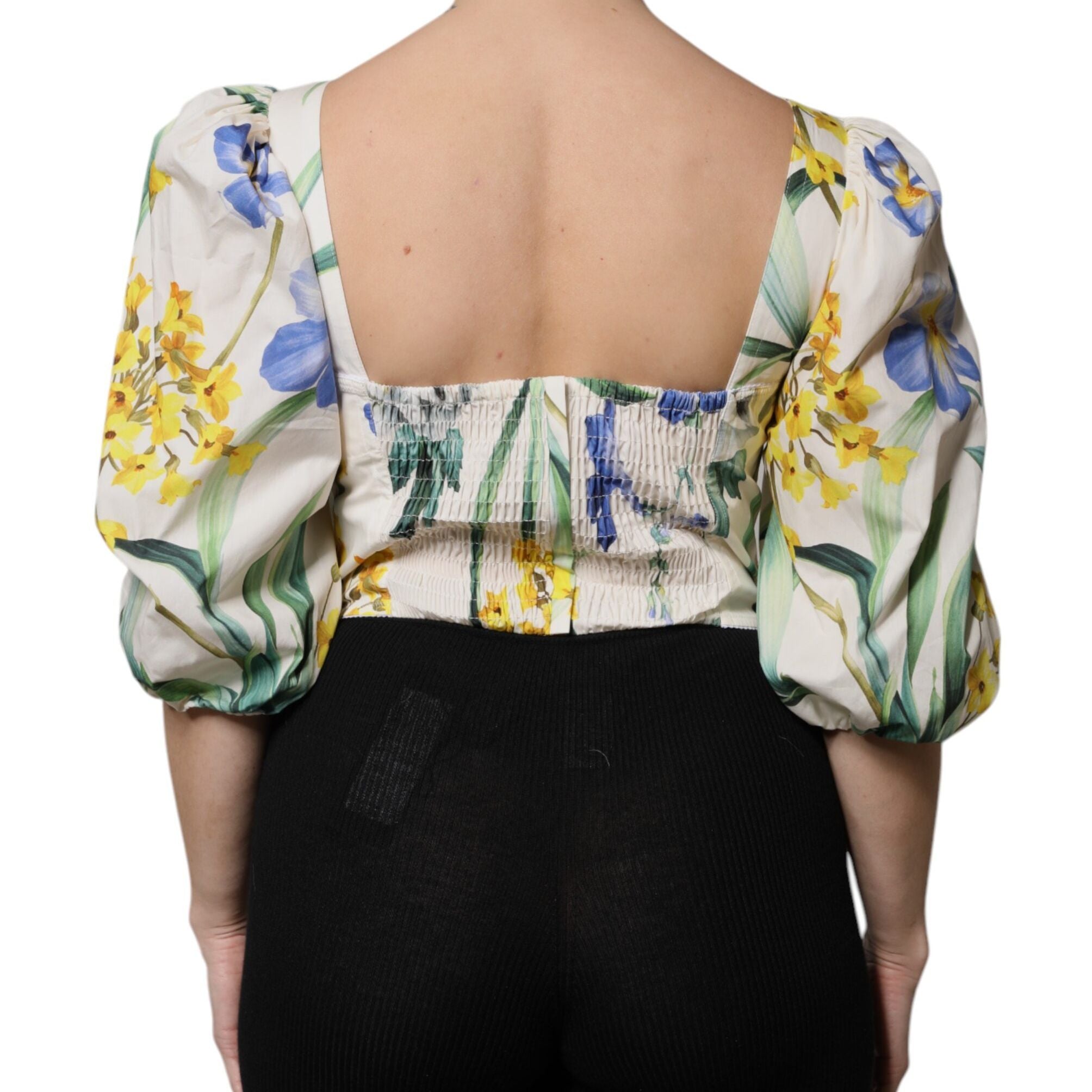 Dolce & Gabbana White Floral Puff Sleeves Crop Blouse Top