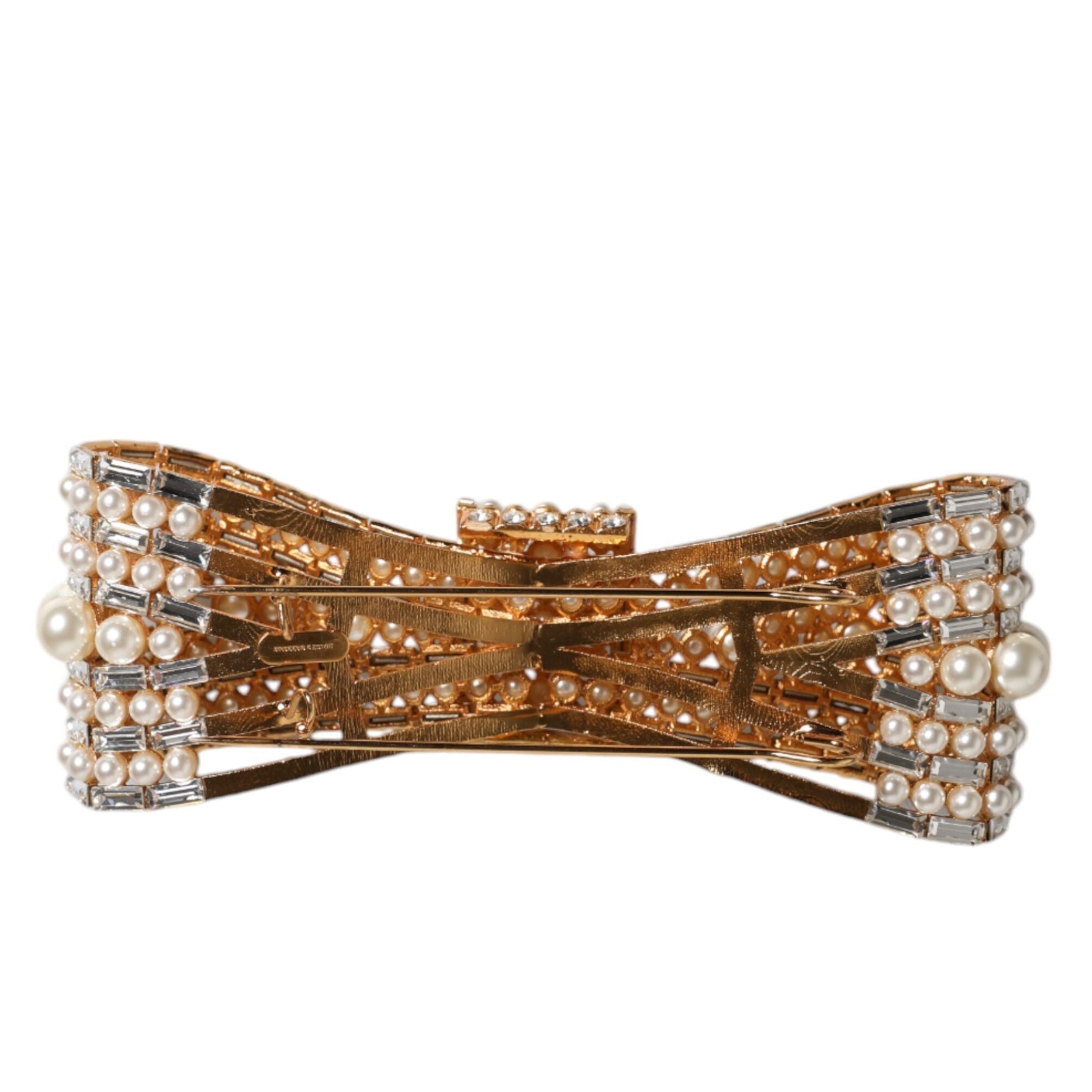 Dolce & Gabbana Gold Tone Brass Bow Crystal FauxPearl Embellished Brooch