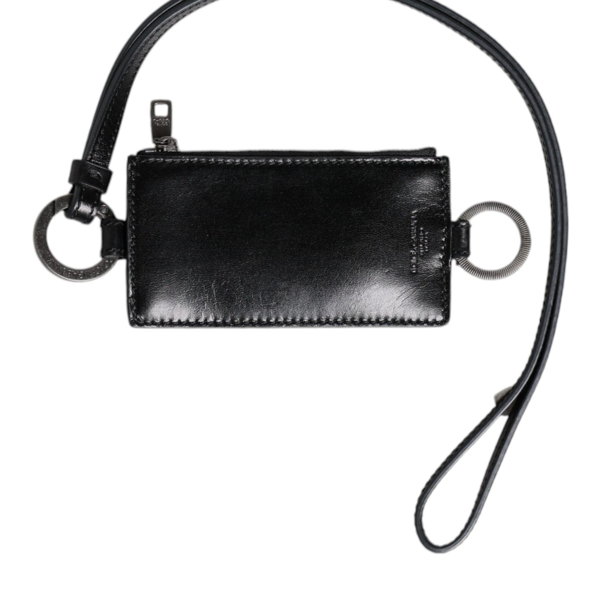Dolce & Gabbana Black Leather Logo Embossed Lanyard Card Holder Wallet