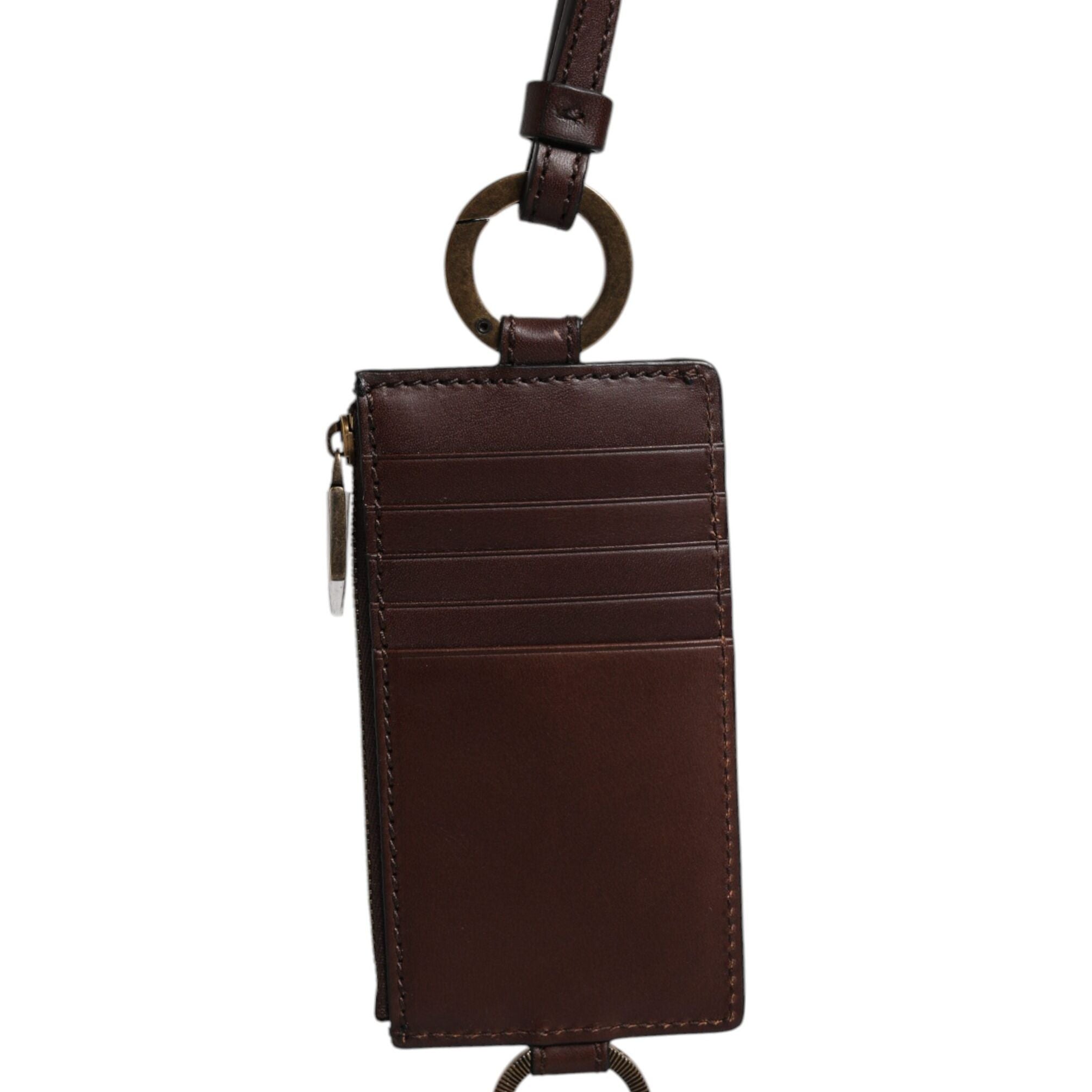 Dolce & Gabbana Brown Calf Leather Lanyard Logo Card Holder Wallet
