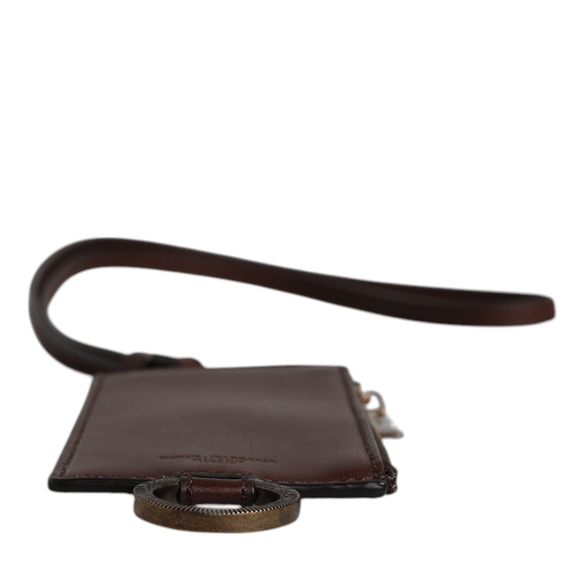 Dolce & Gabbana Brown Calf Leather Lanyard Logo Card Holder Wallet