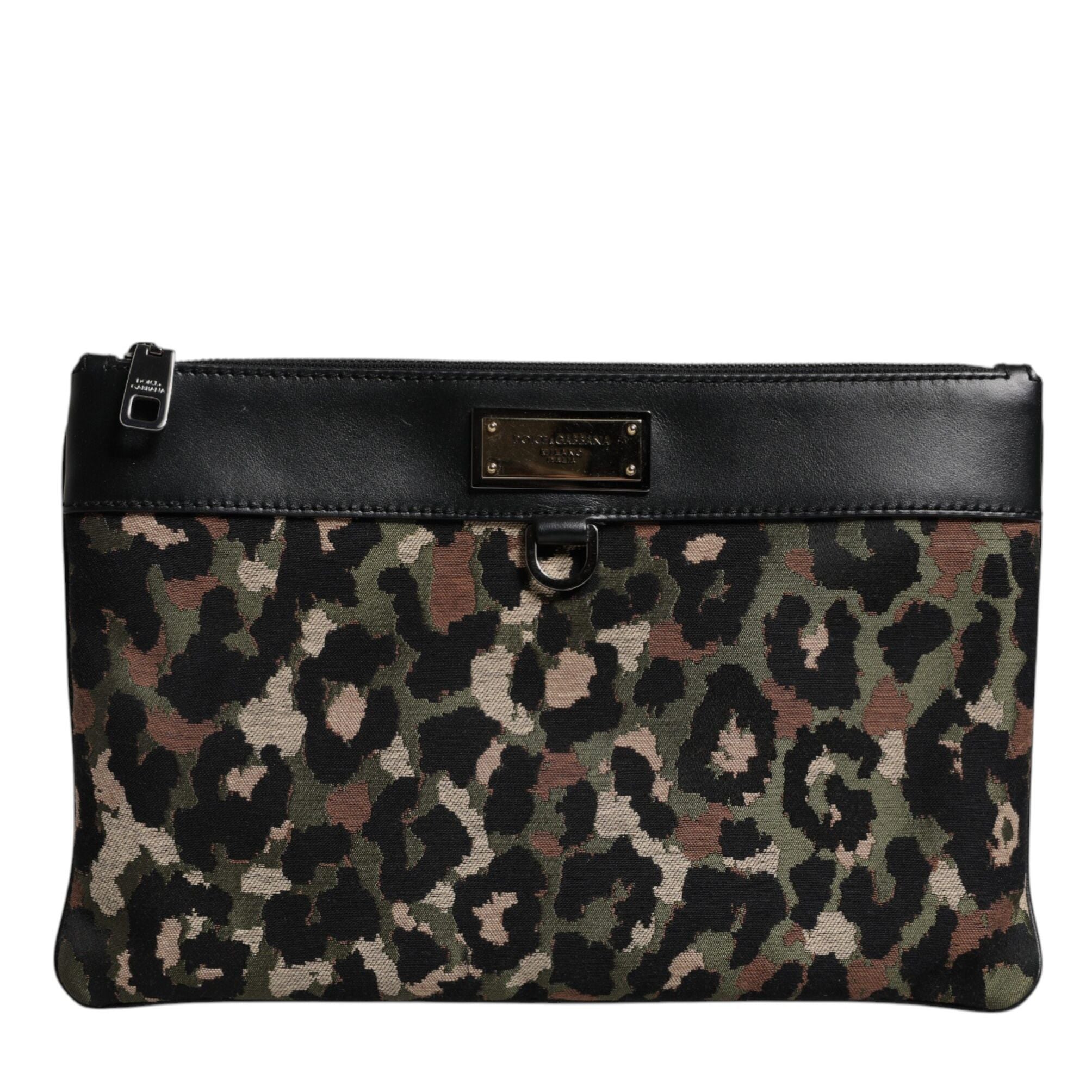 Dolce & Gabbana Multicolor Leopard Jacquard Print Logo Plaque Pouch Bag