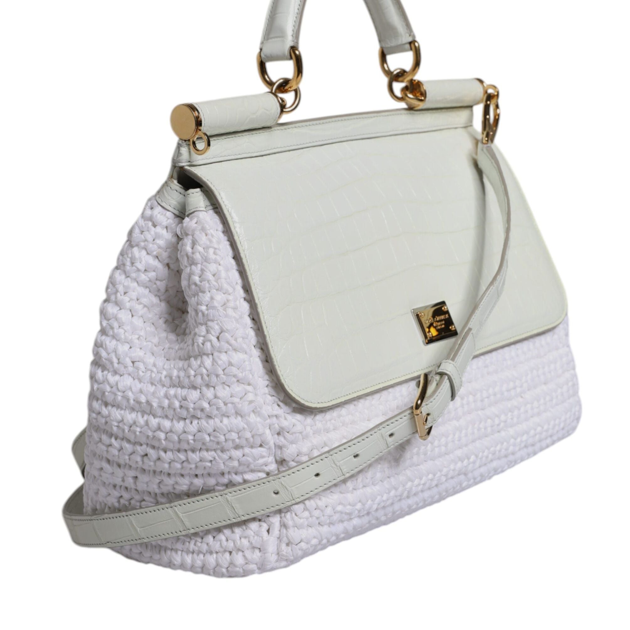 Dolce & Gabbana White Rafia Leather Top Handle Crossbody Bag