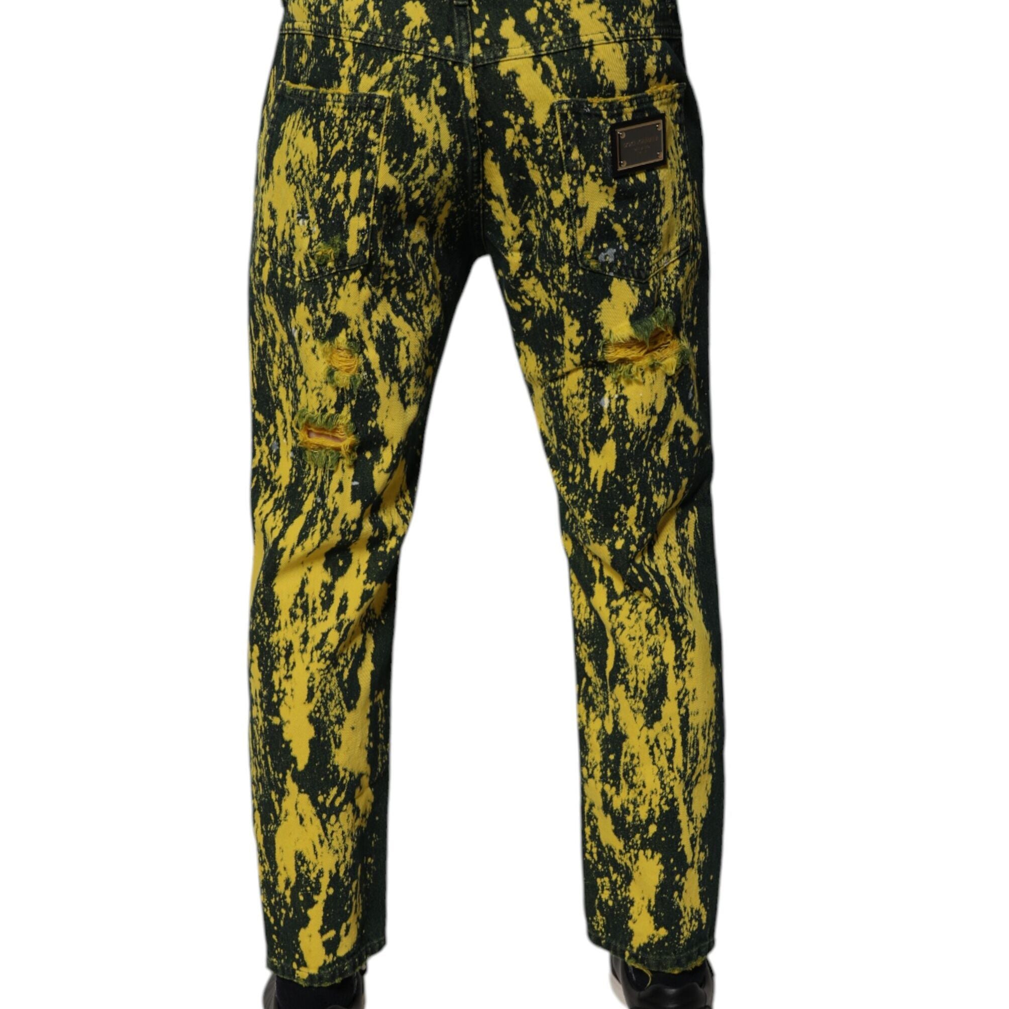 Dolce & Gabbana Black Yellow Tie Dye Tattered Skinny Men Denim Jeans