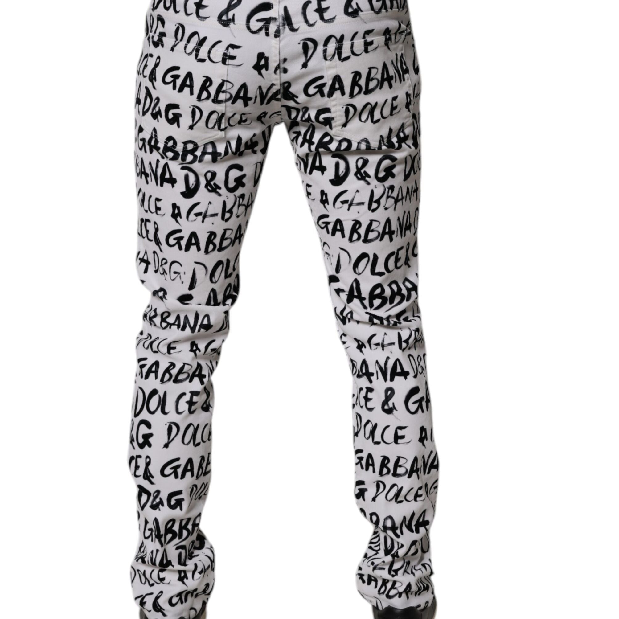 Dolce & Gabbana White Cotton Logo Print Skinny Denim Jeans