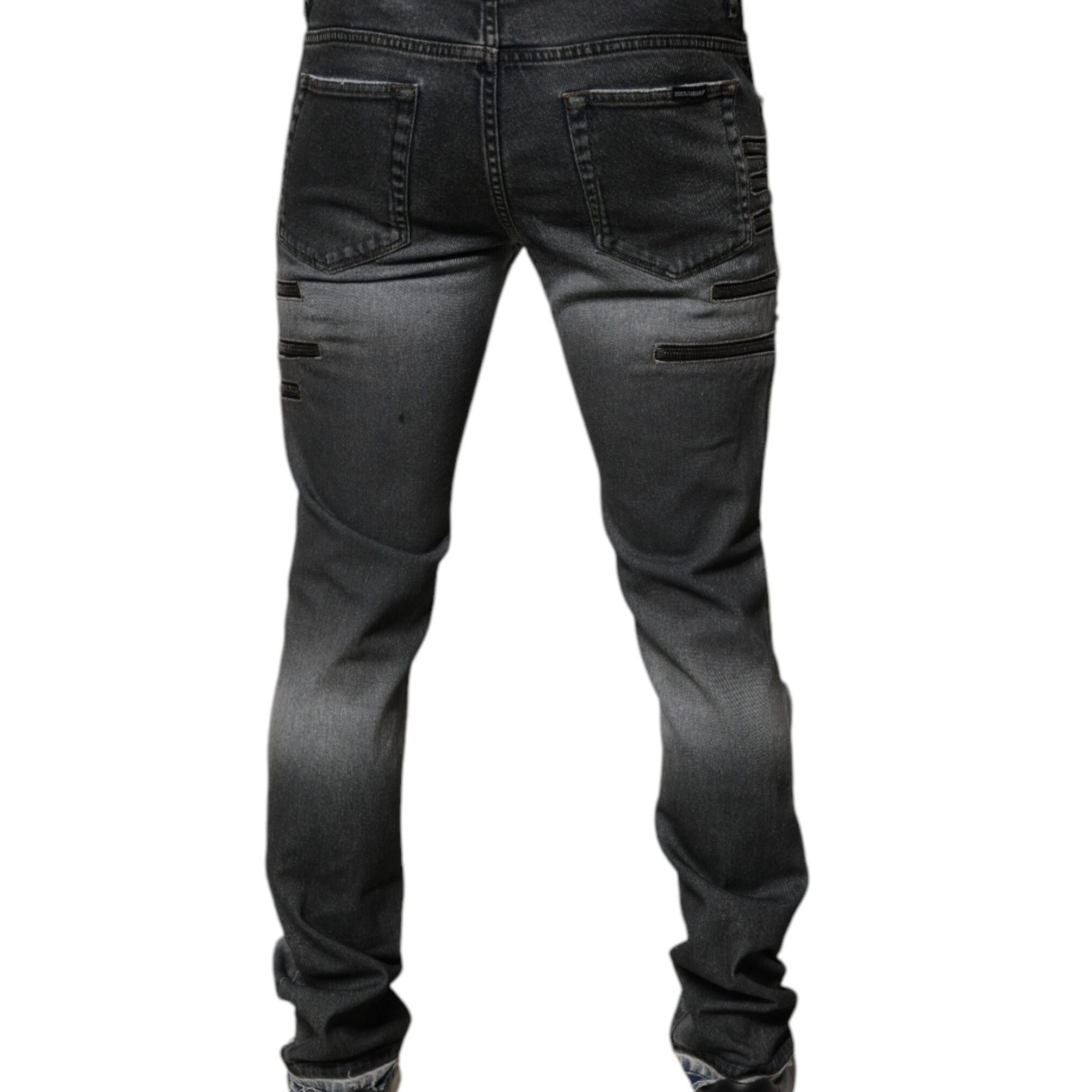 Dolce & Gabbana Dark Gray Tattered Cotton Skinny Denim Jeans