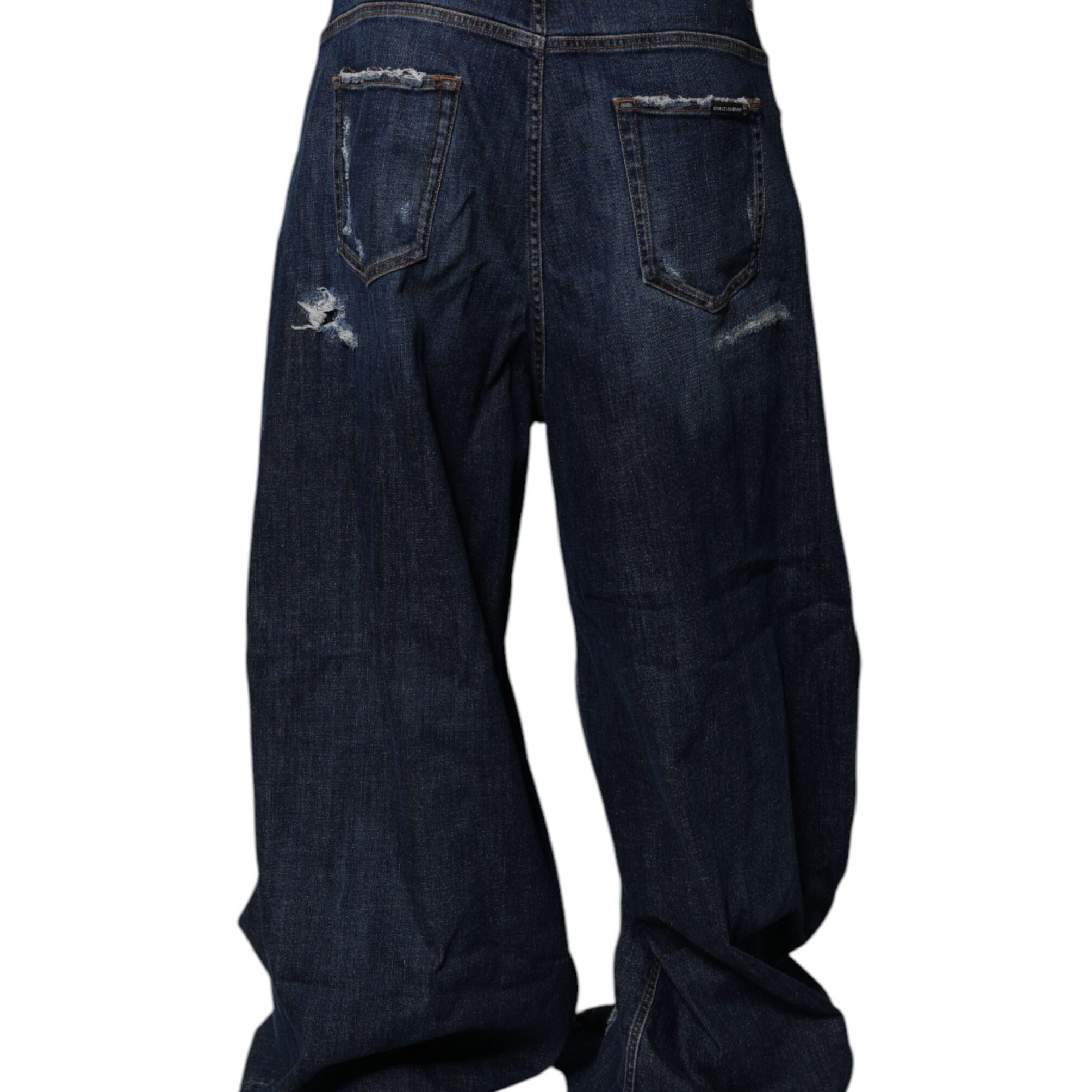 Dolce & Gabbana Dark Blue Tattered Wide Leg Men Denim Jeans