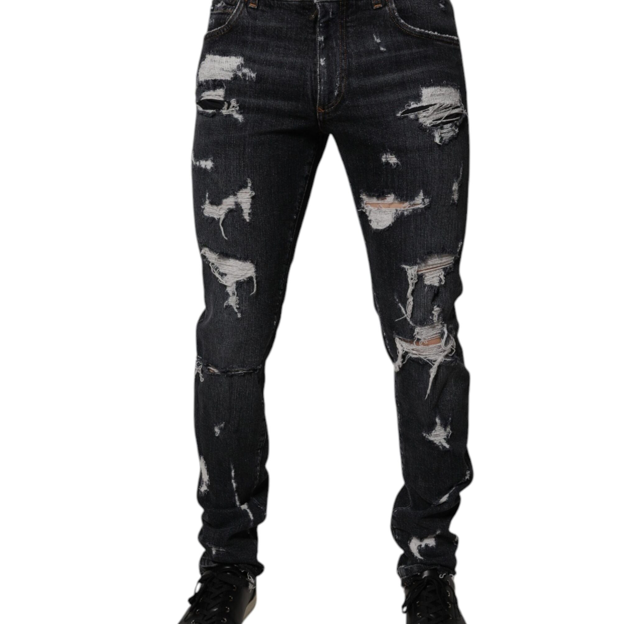 Dolce & Gabbana Black Tattered Cotton Skinny Men Denim Jeans