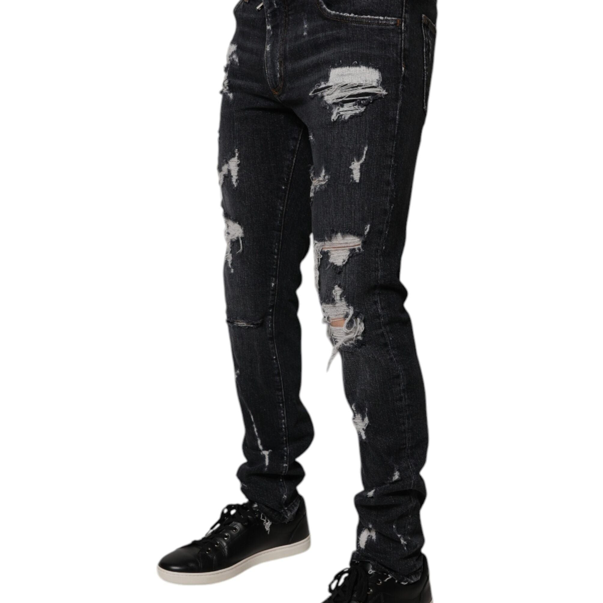 Dolce & Gabbana Black Tattered Cotton Skinny Men Denim Jeans