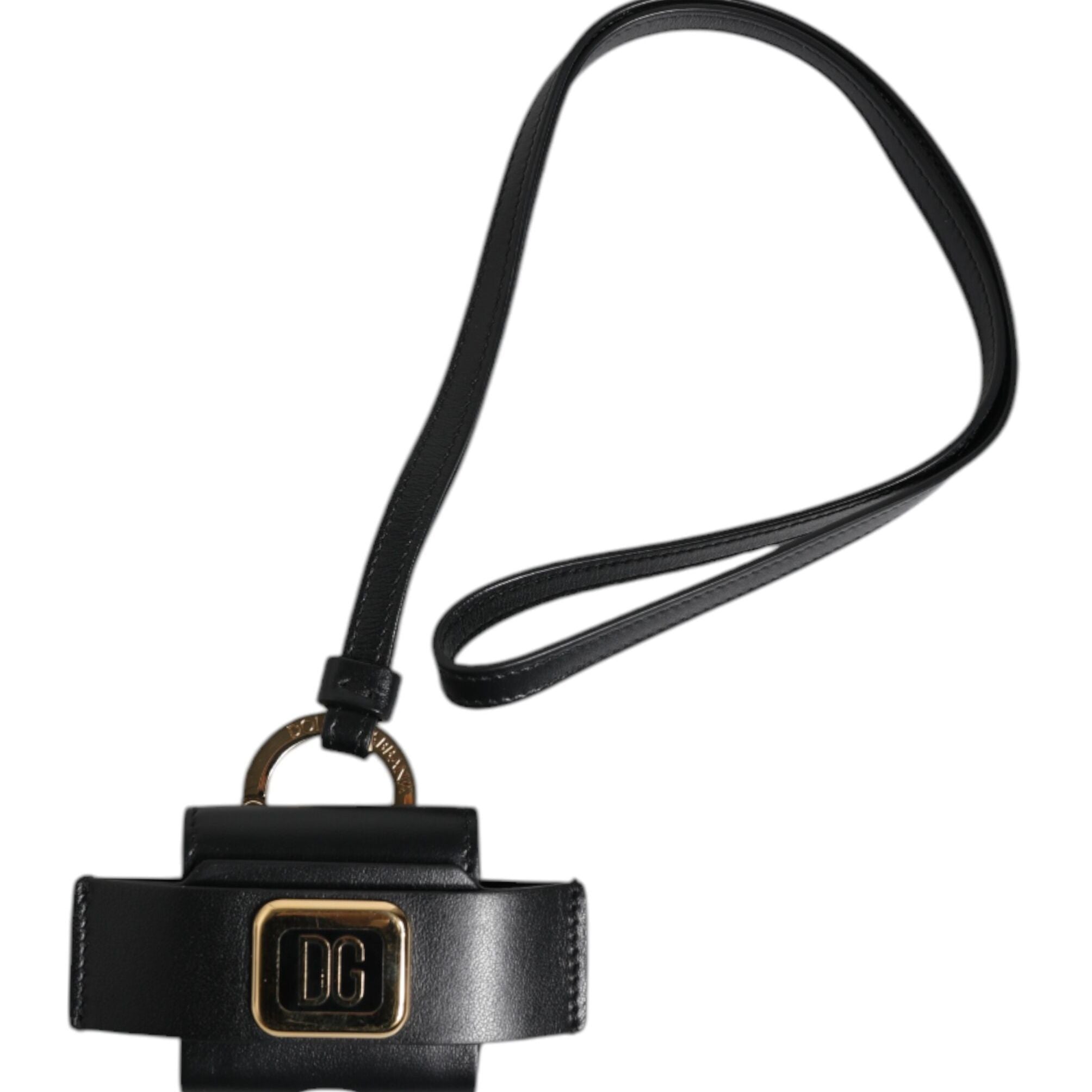 Dolce & Gabbana Black Leather Strap Gold Metal Logo Plaque Airpods Case