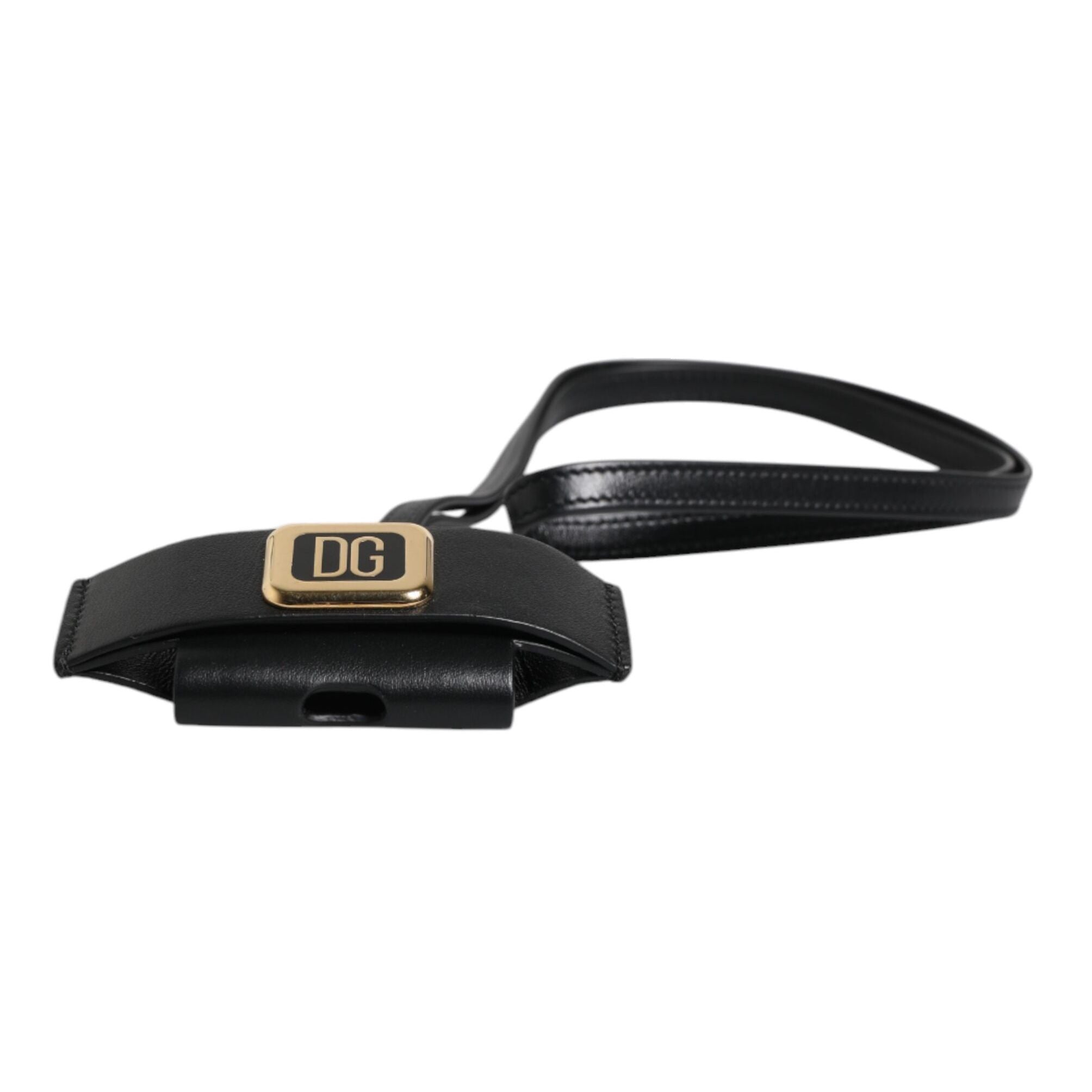 Dolce & Gabbana Black Leather Strap Gold Metal Logo Plaque Airpods Case