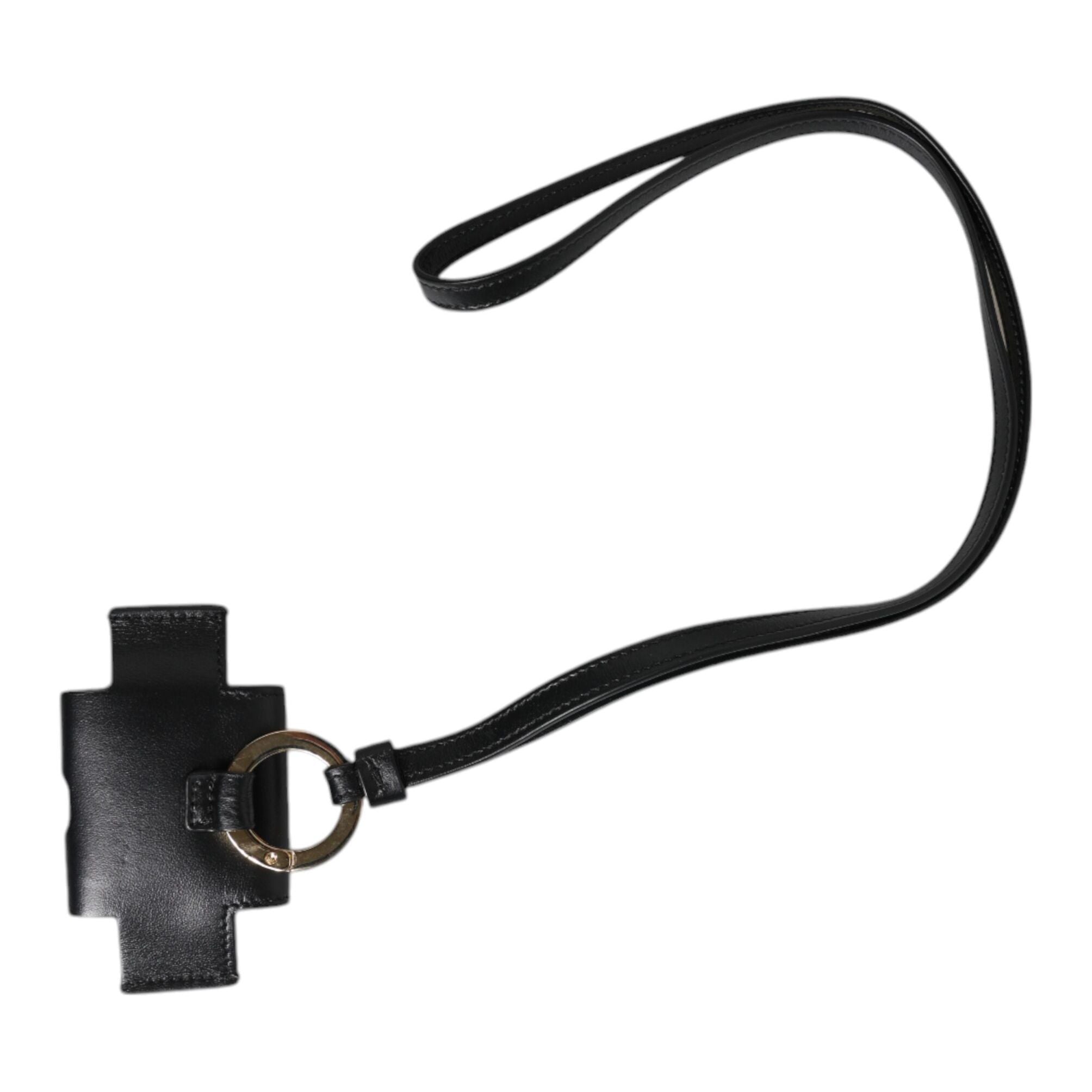 Dolce & Gabbana Black Leather Strap Gold Metal Logo Plaque Airpods Case