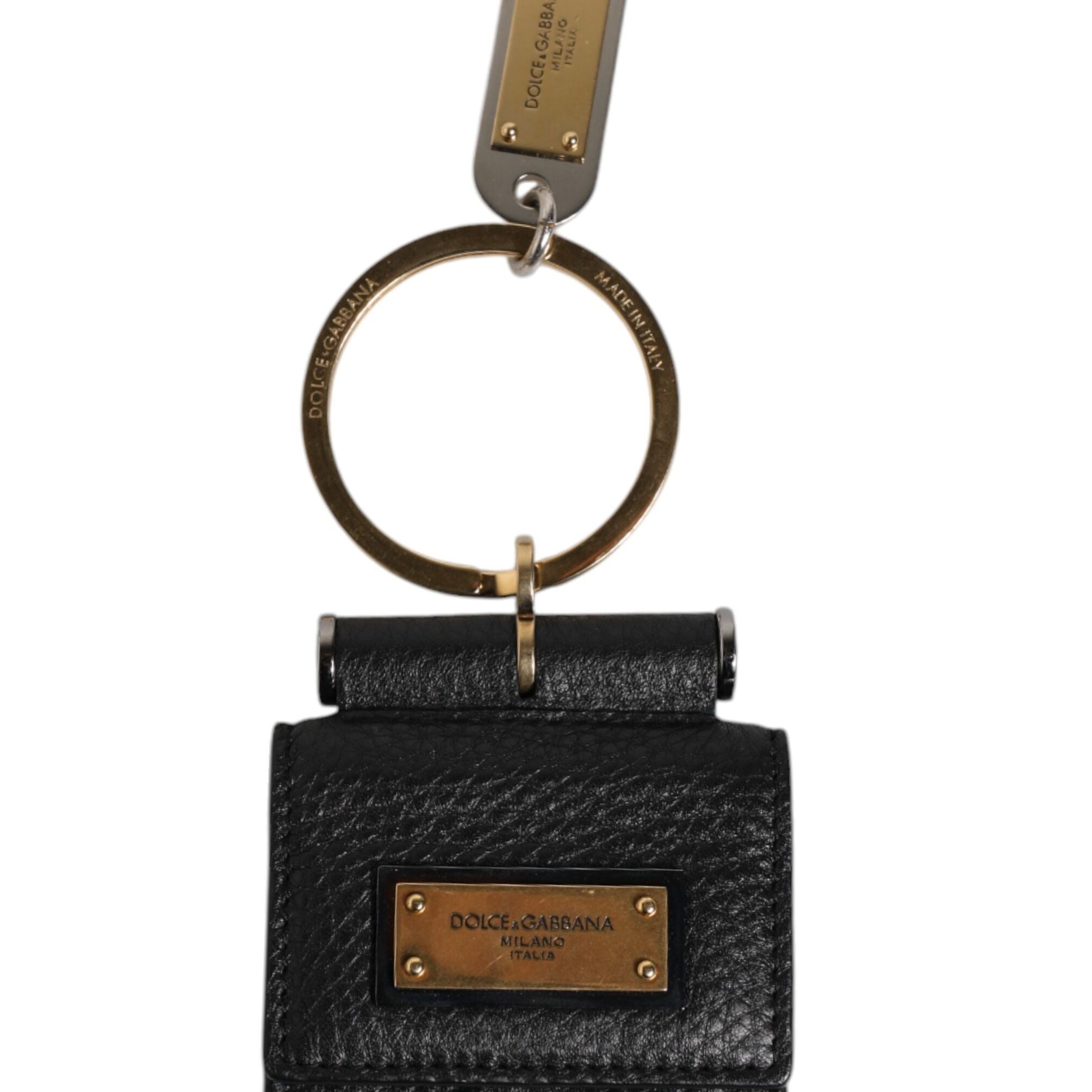 Dolce & Gabbana Black Leather Strap Gold Metal Logo Plaque Airpods Case