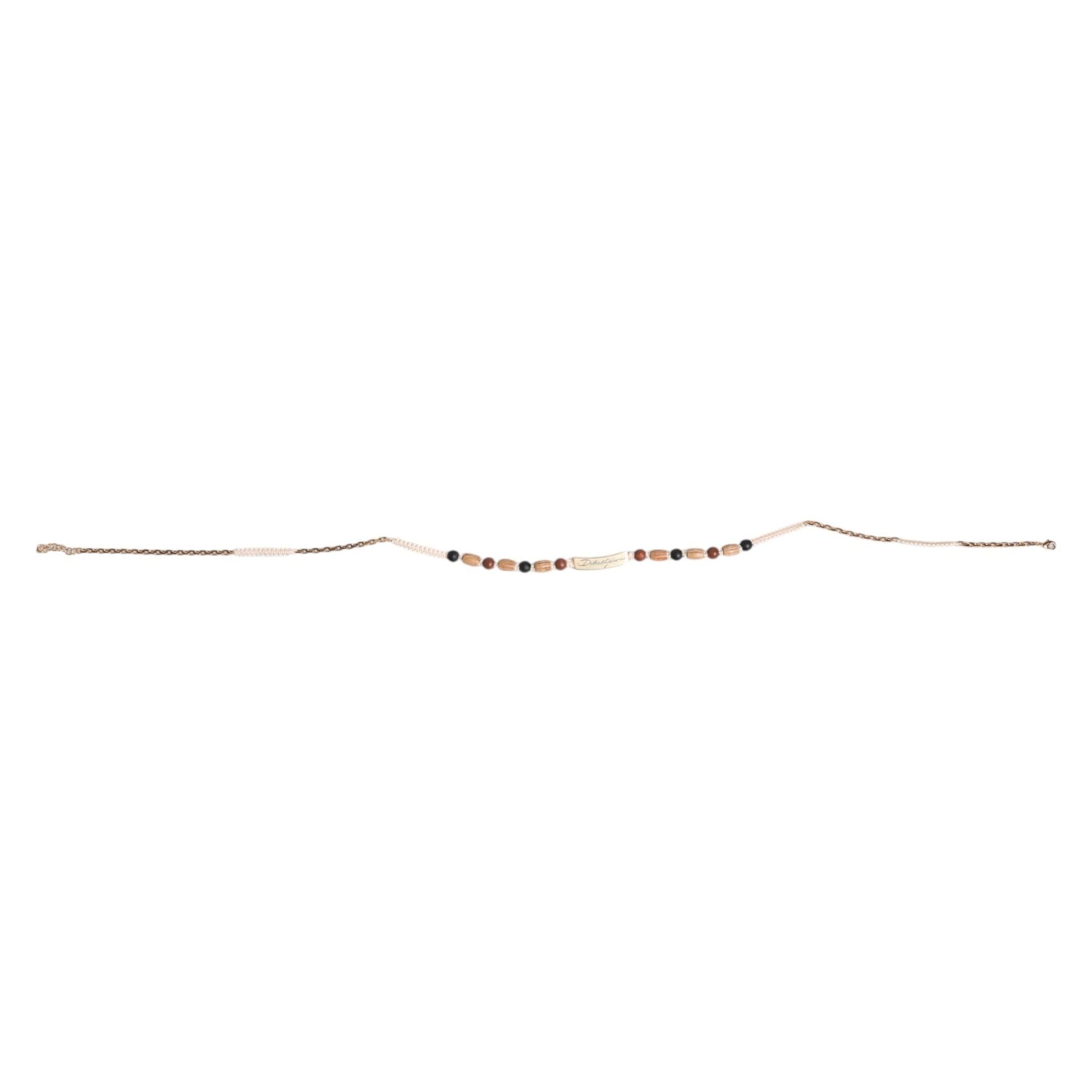 Dolce & Gabbana Black Gold Wooden Beaded Logo Pendant Necklace