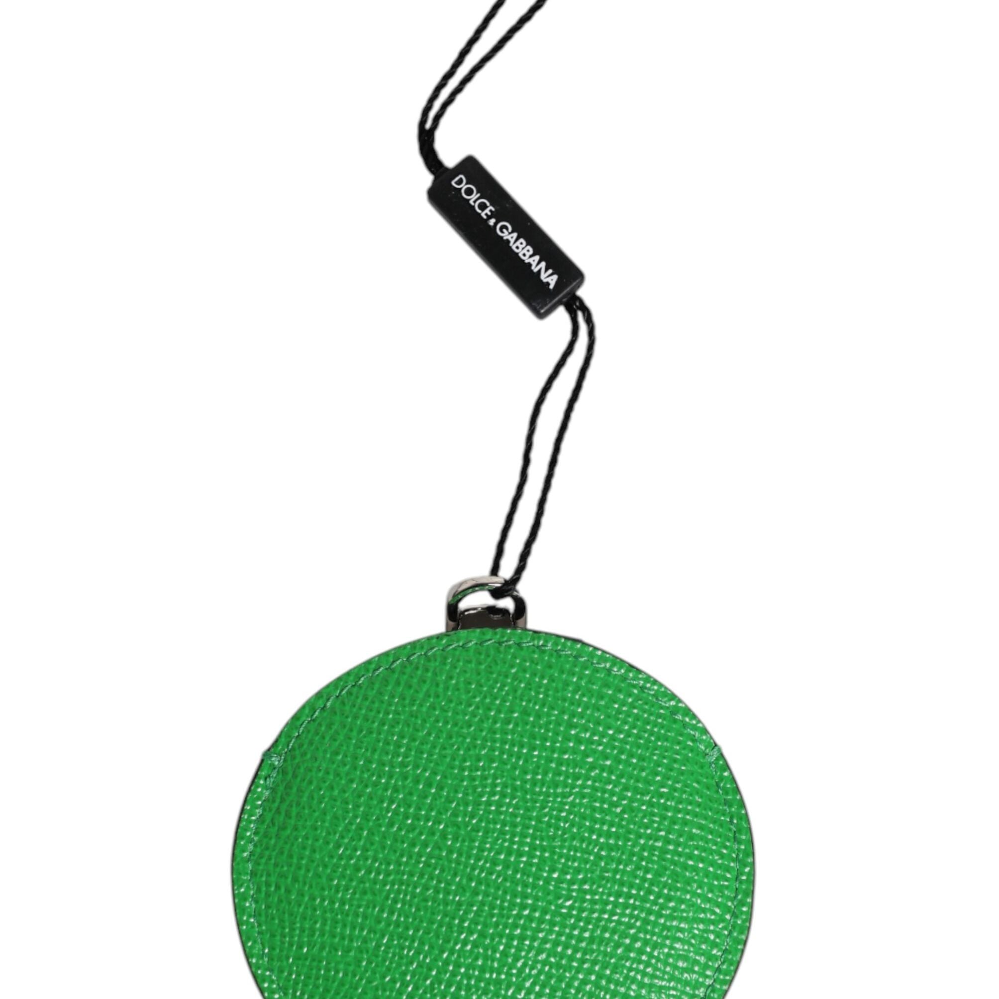 Dolce & Gabbana Green Calfskin Leather Round Logo Hand Mirror Holder
