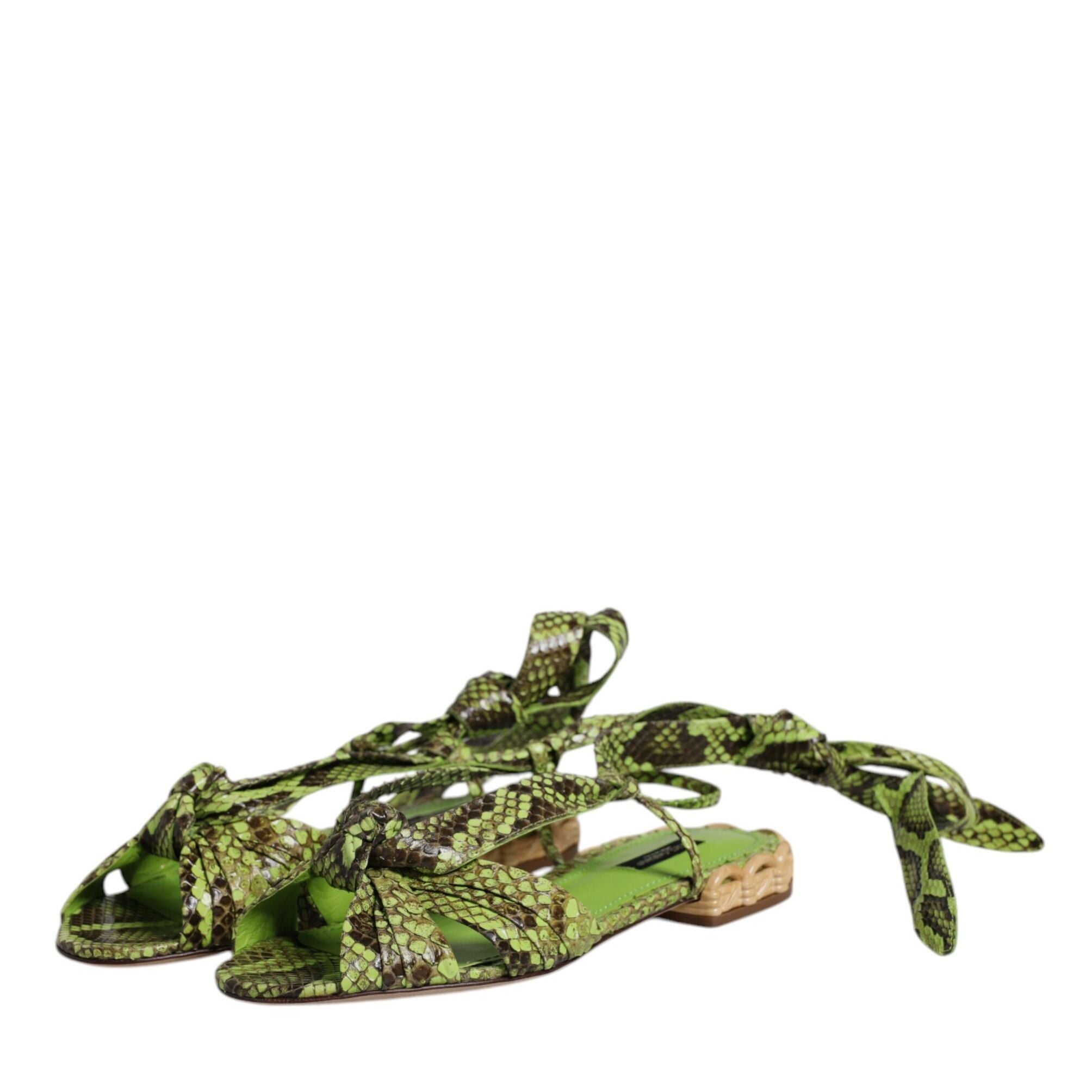 Dolce & Gabbana Green Animal Print Ankle Wrap Sandals Shoes