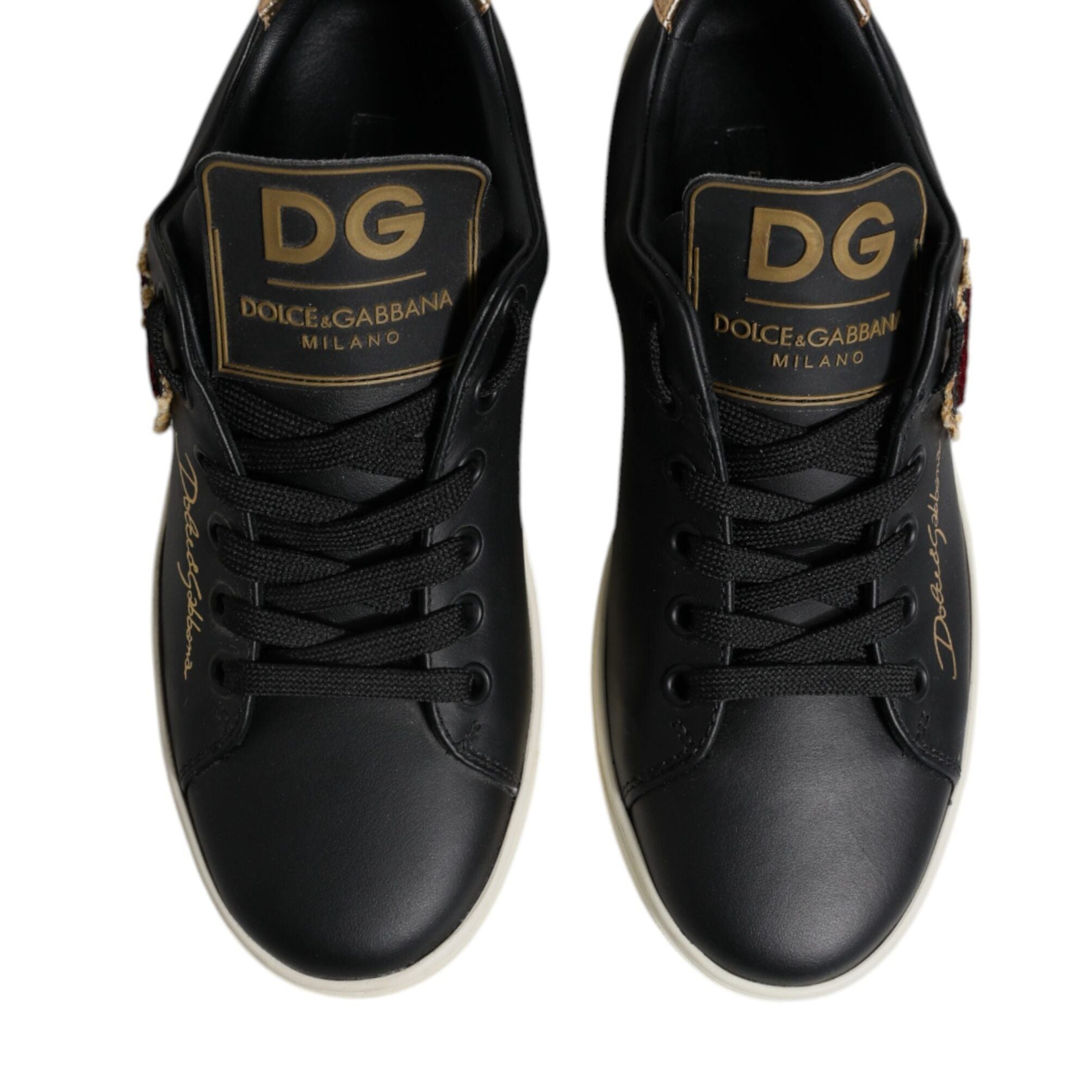 Dolce & Gabbana Black Leather Gold Red Heart Sneakers Shoes