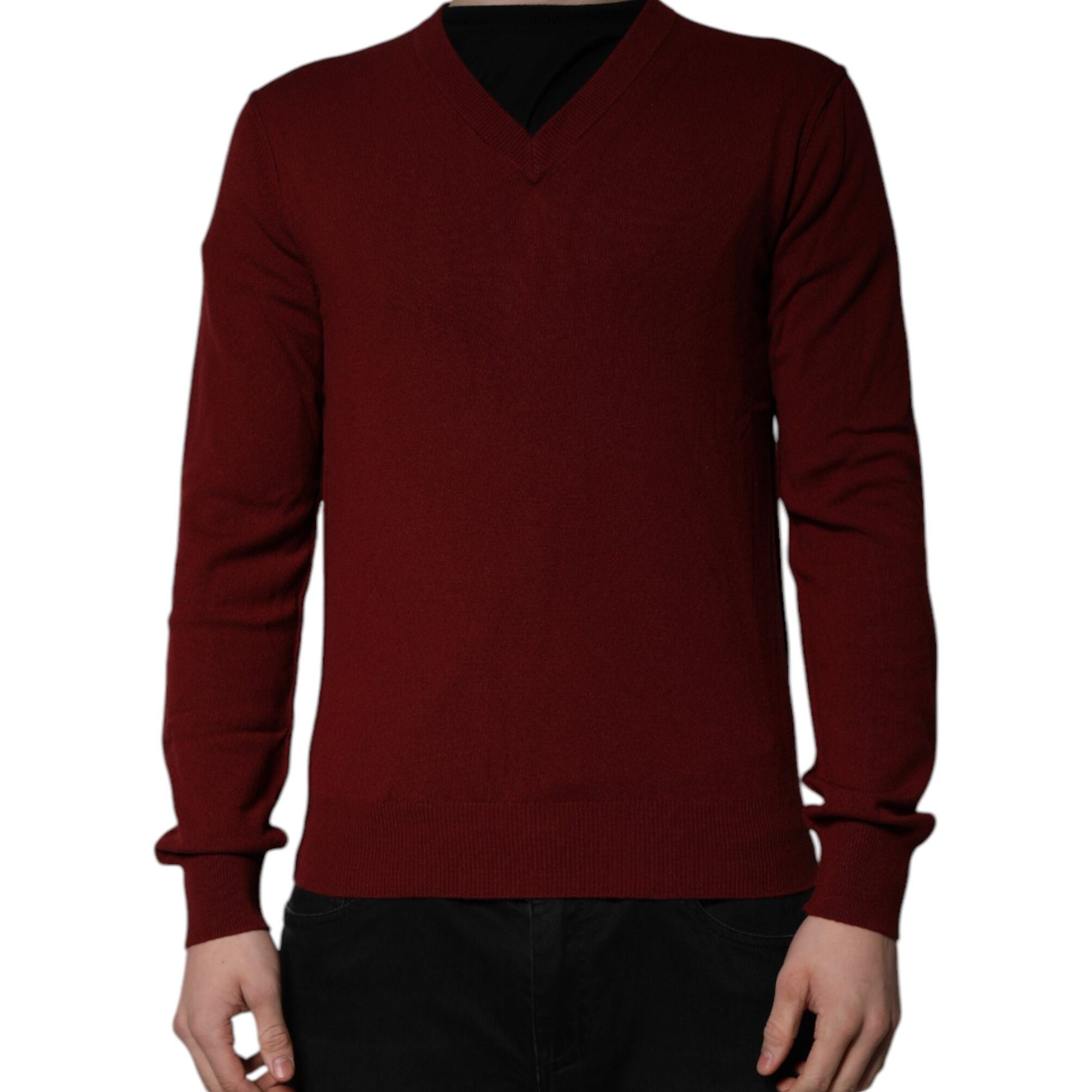 Dolce & Gabbana Maroon Cashmere V-neck Men Pullover Sweater