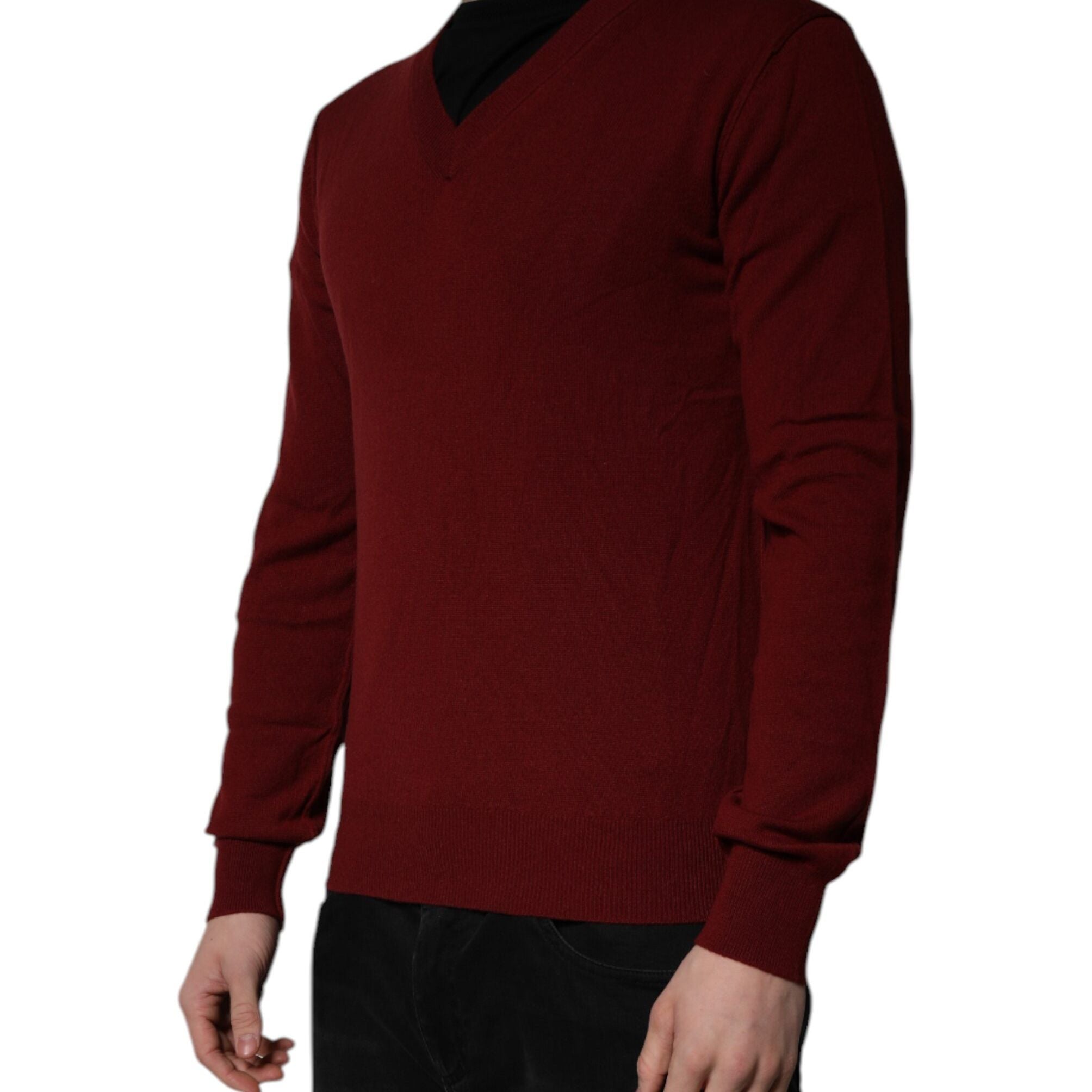 Dolce & Gabbana Maroon Cashmere V-neck Men Pullover Sweater
