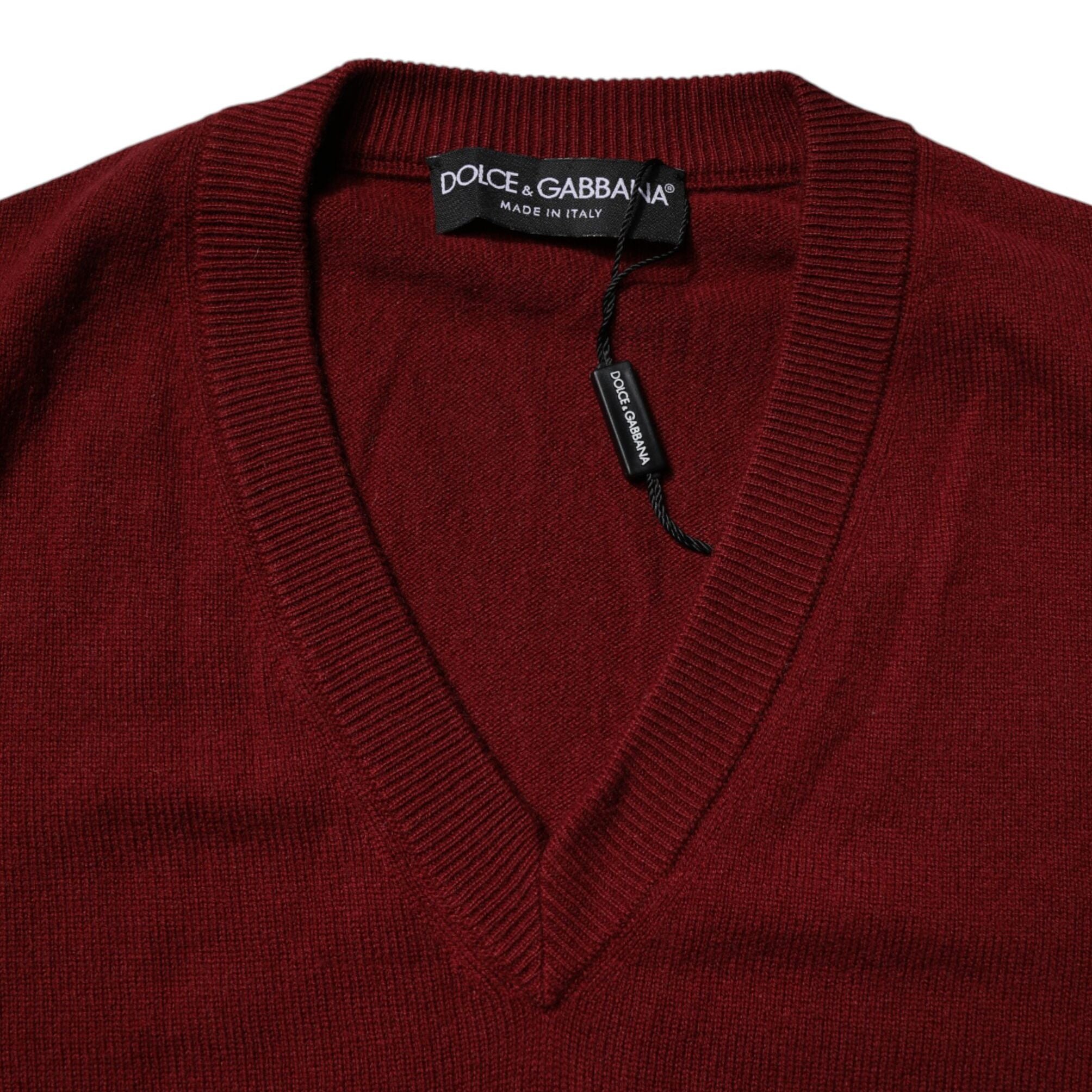 Dolce & Gabbana Maroon Cashmere V-neck Men Pullover Sweater