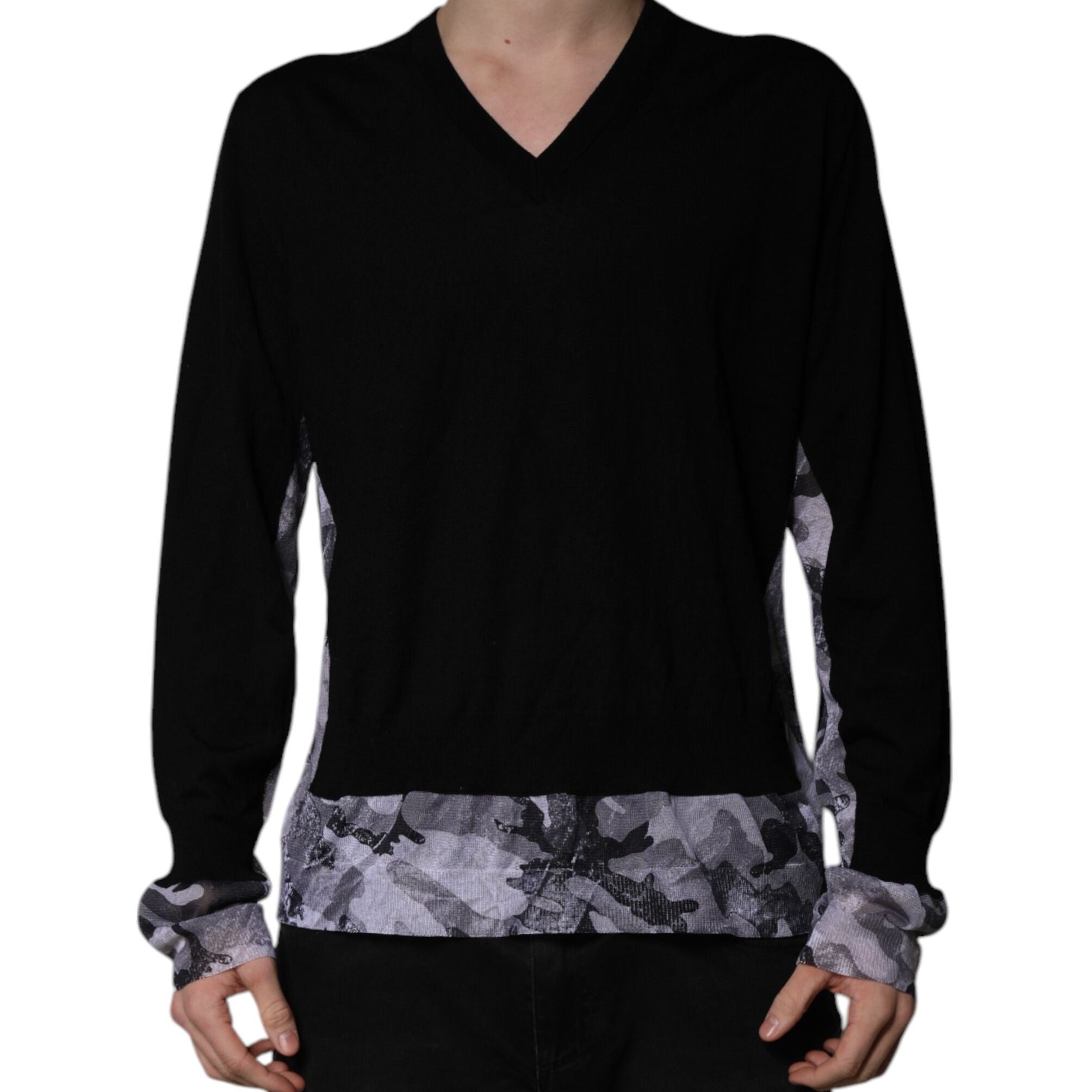 Dolce & Gabbana Black Camouflage V-neck Pullover Sweater