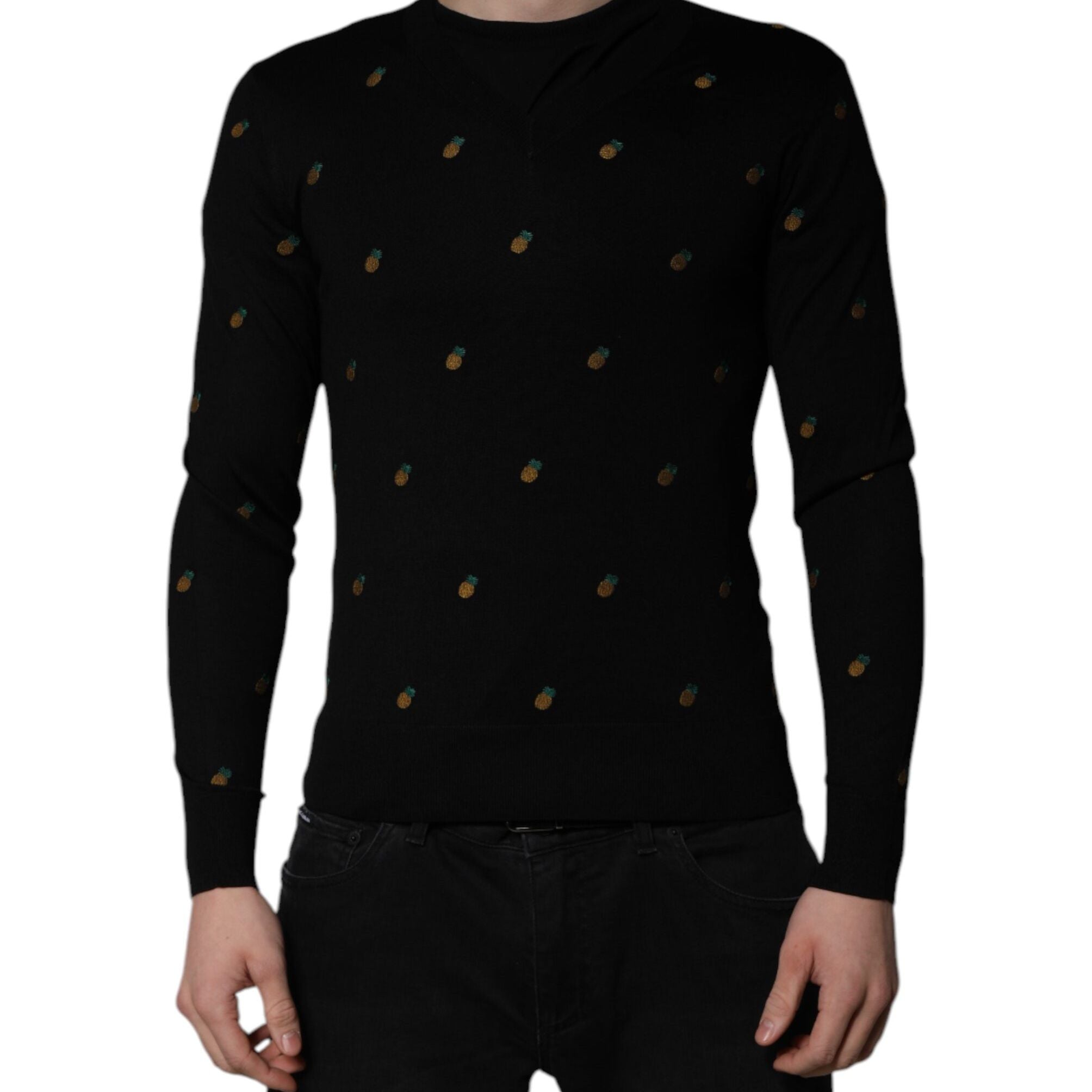Dolce & Gabbana Black Pineapple Crew Neck Pullover Sweater