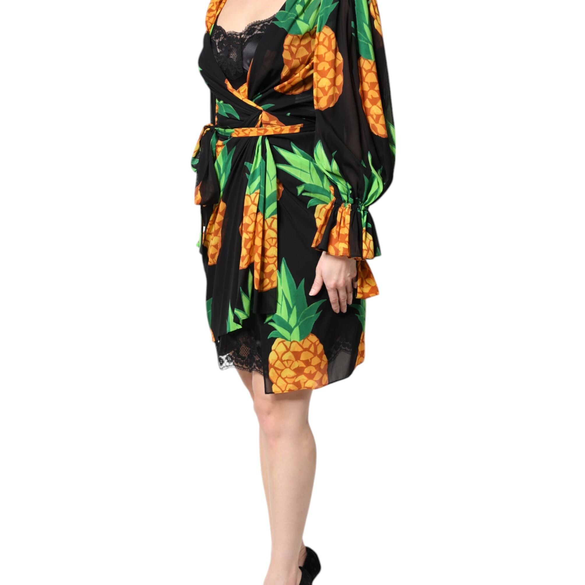 Dolce & Gabbana Black Silk Pineapple Draped Print Wrap Dress