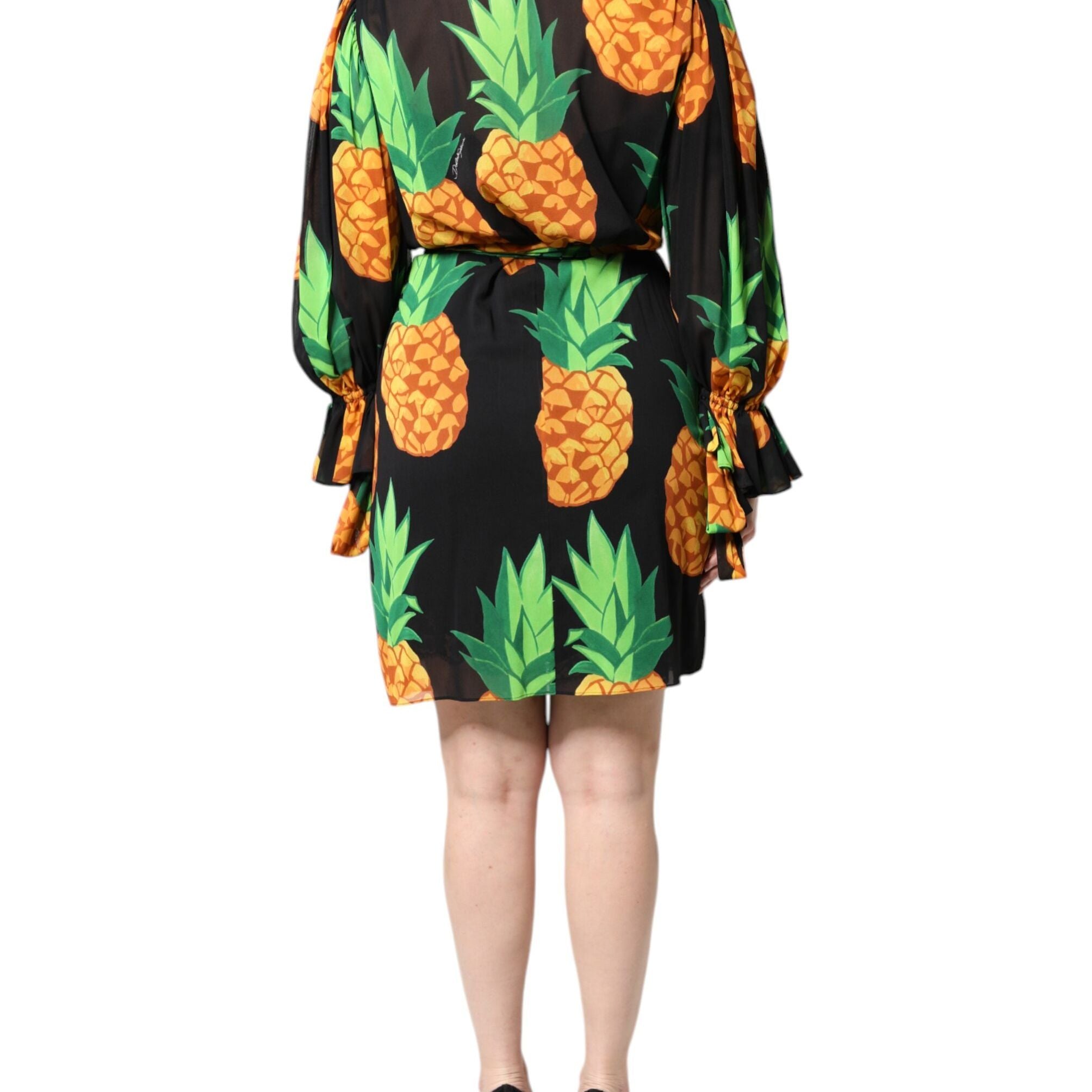 Dolce & Gabbana Black Silk Pineapple Draped Print Wrap Dress