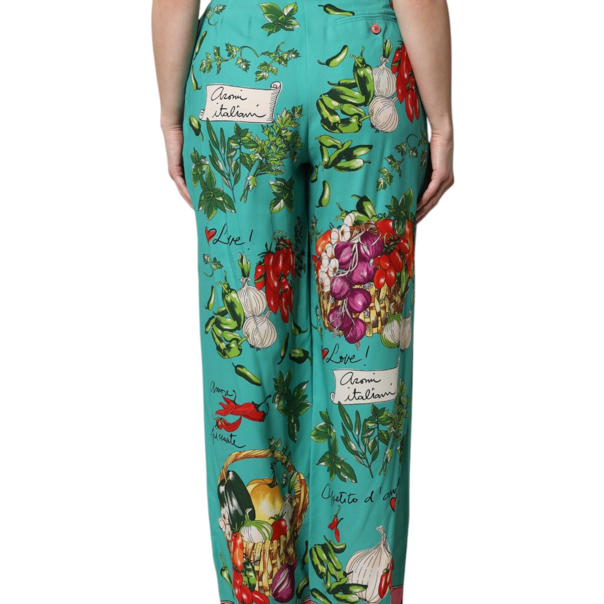 Dolce & Gabbana Green Silk Printed Straight Pants