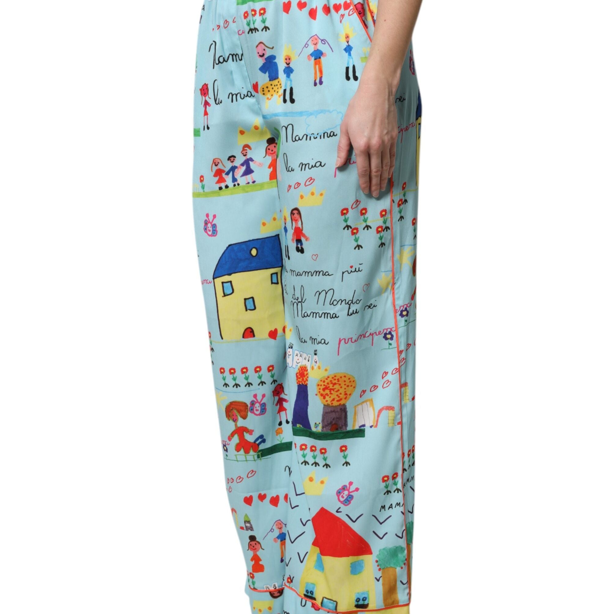 Dolce & Gabbana Light Blue Drawing Mid Waist Wide Leg Pants