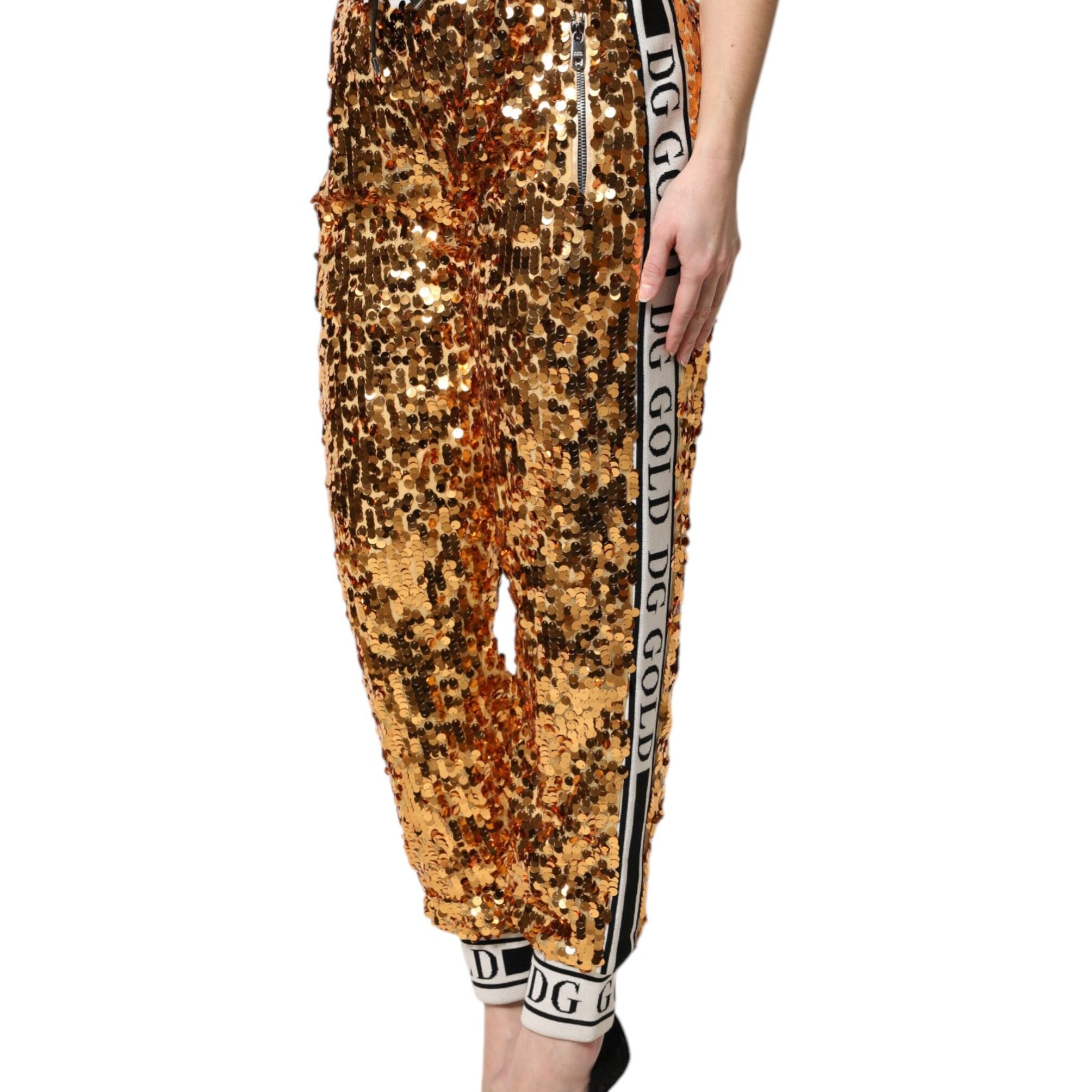 Dolce & Gabbana Metallic Gold DG Logo Sequined Jogger Pants