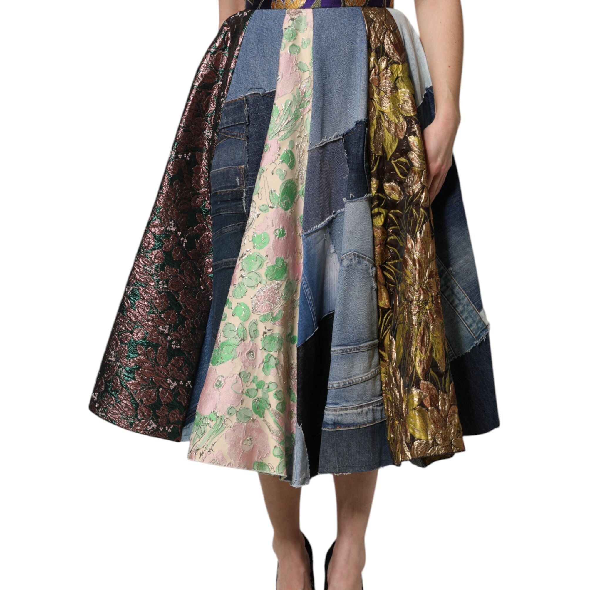 Dolce & Gabbana Multicolor Patchwork High Waisted Midi Skirt