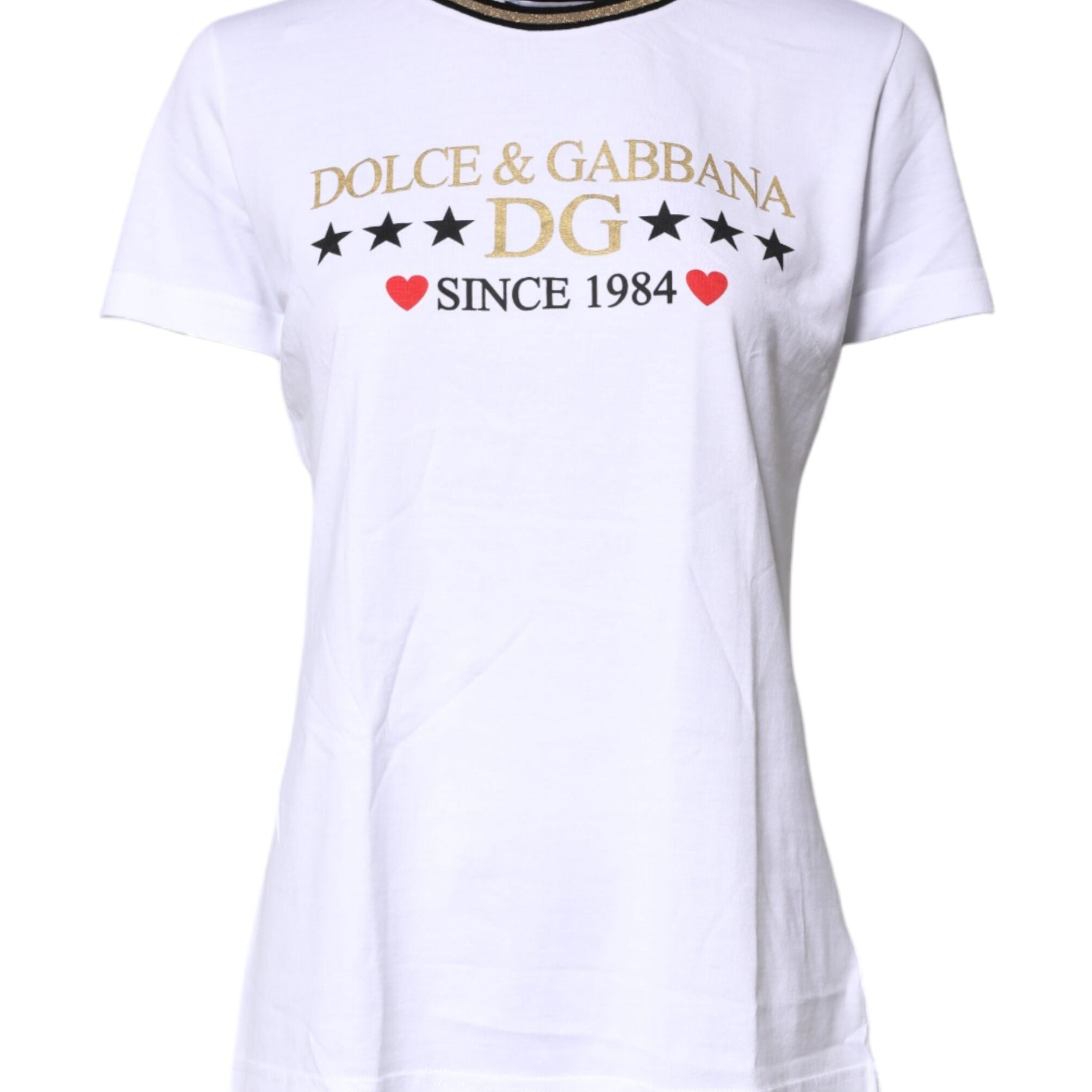 Dolce & Gabbana White Printed Round Neck Top Cotton T-shirt