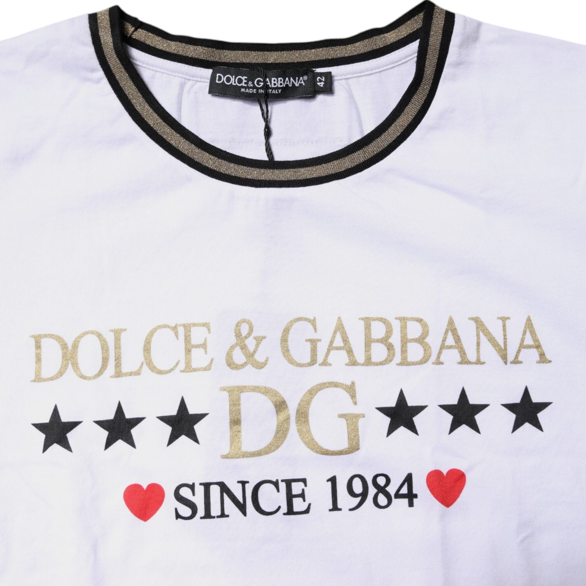 Dolce & Gabbana White Printed Round Neck Top Cotton T-shirt