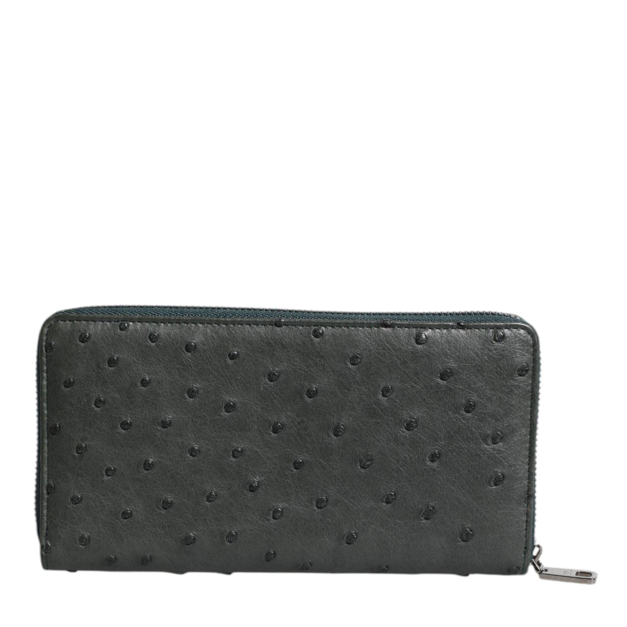 Dolce & Gabbana Green Ostrich Logo Plaque Zip Around Continental Wallet