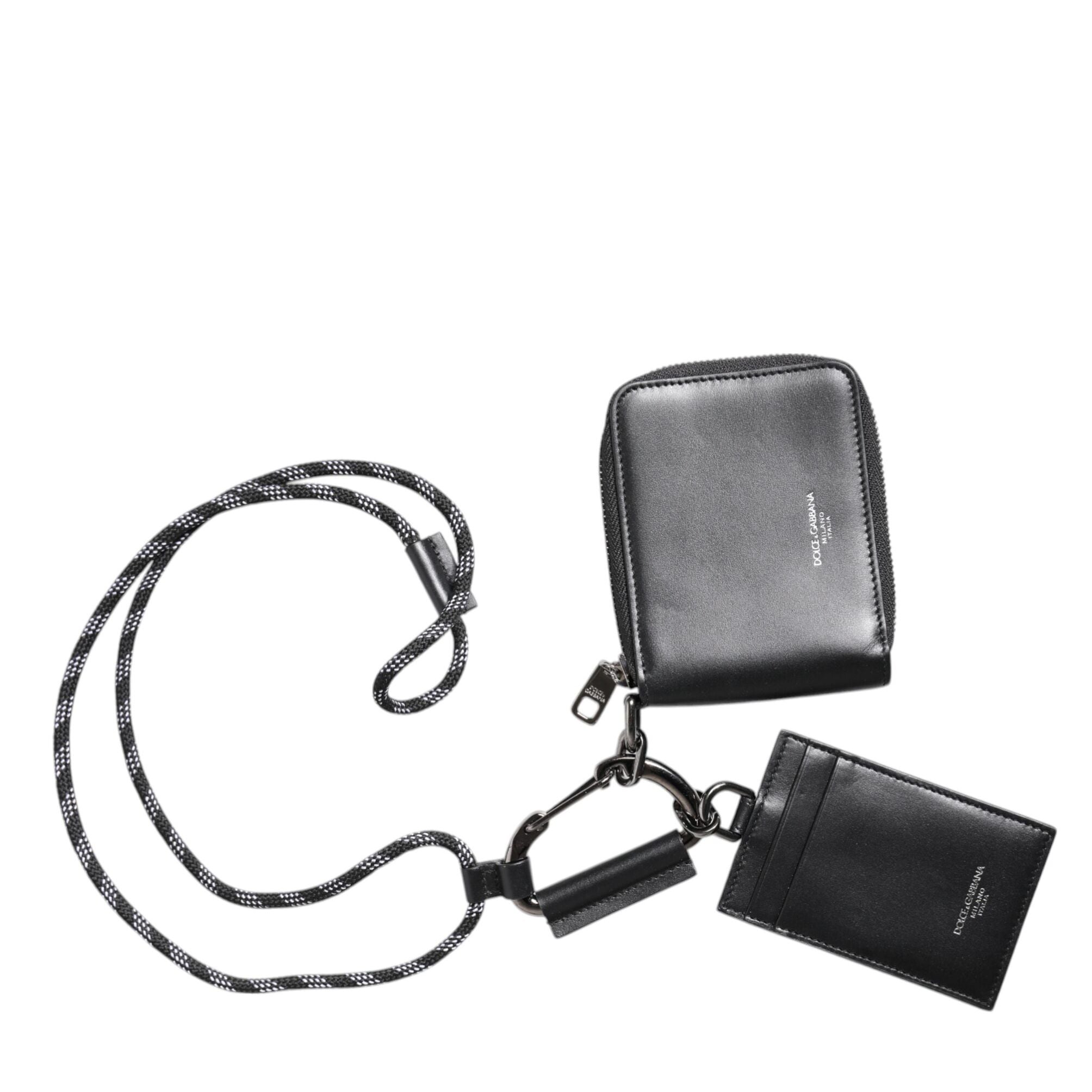 Dolce & Gabbana Black Leather Lanyard Zip Around Card Holder Wallet