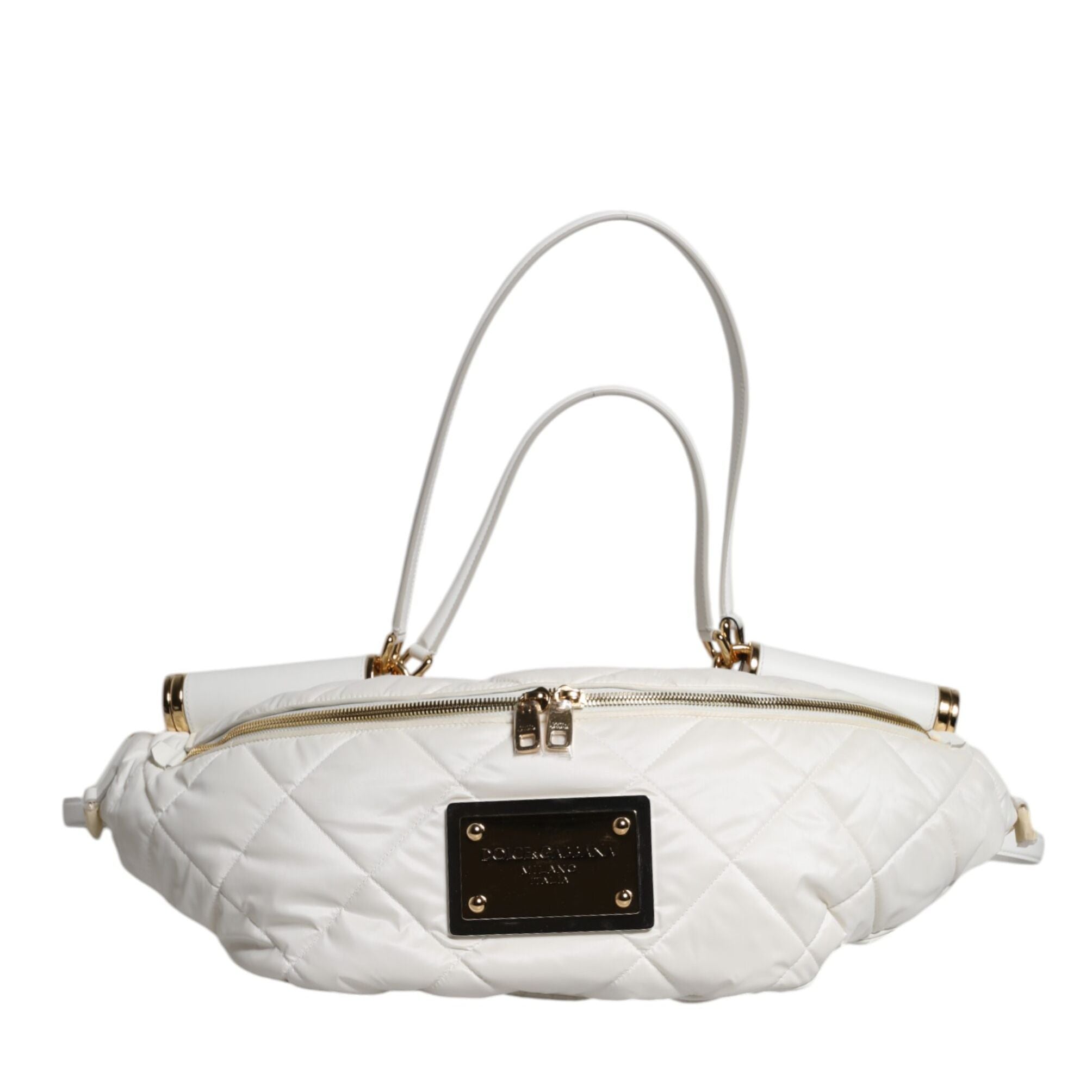 Dolce & Gabbana White Quilted Logo Plaque Belt Waist Fanny Pack Bag