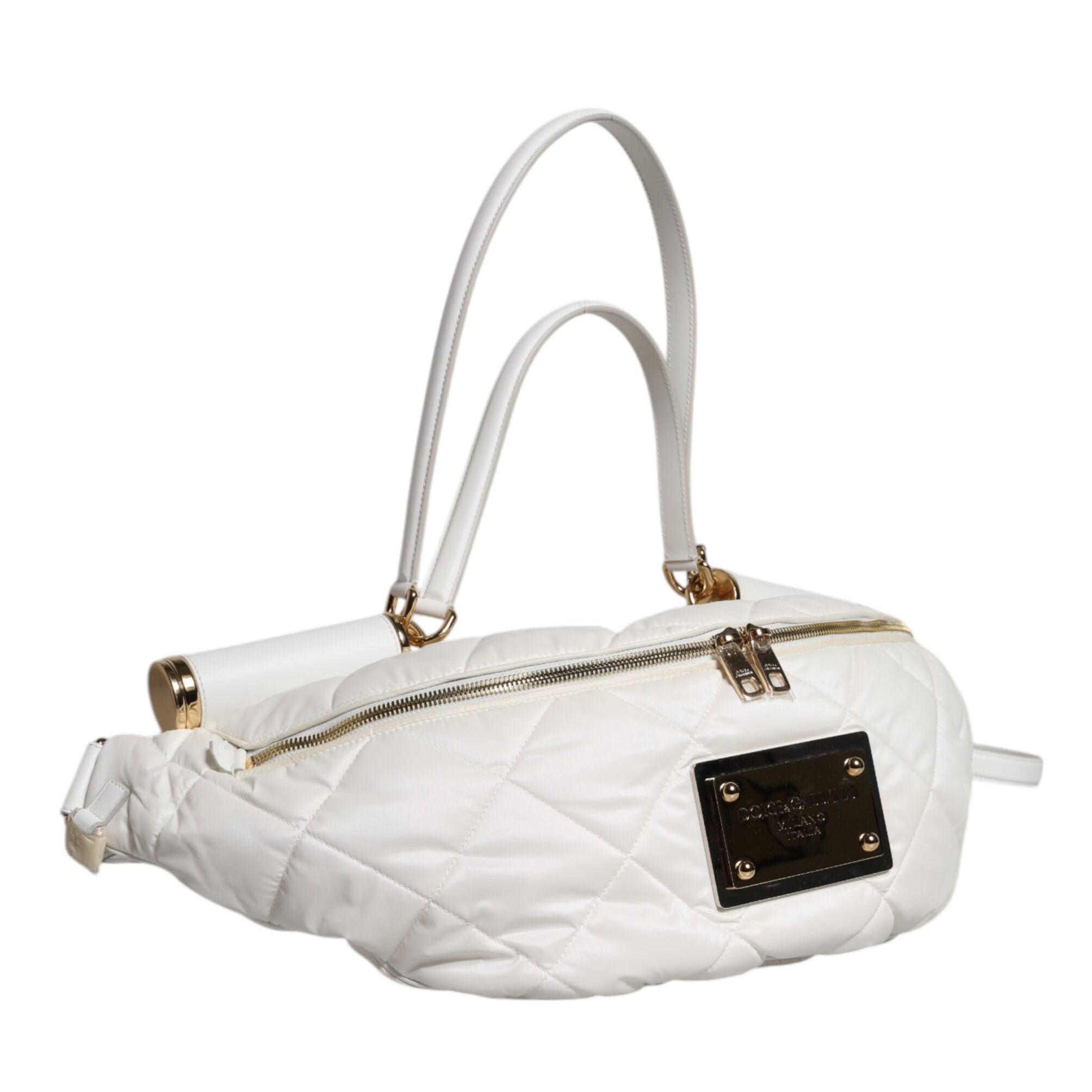 Dolce & Gabbana White Quilted Logo Plaque Belt Waist Fanny Pack Bag