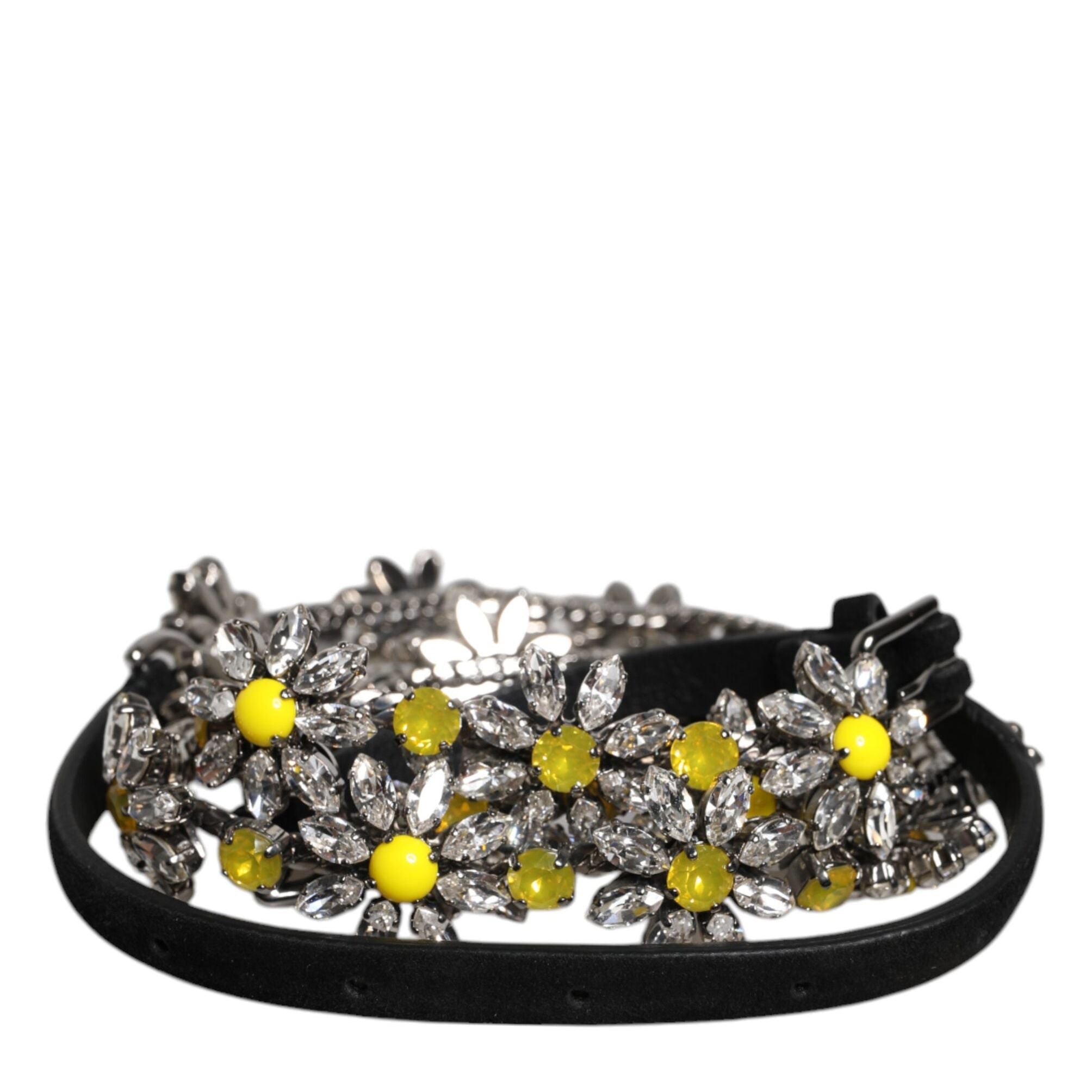 Dolce & Gabbana Black Leather Daisy Crystal Embellish Waist Belt