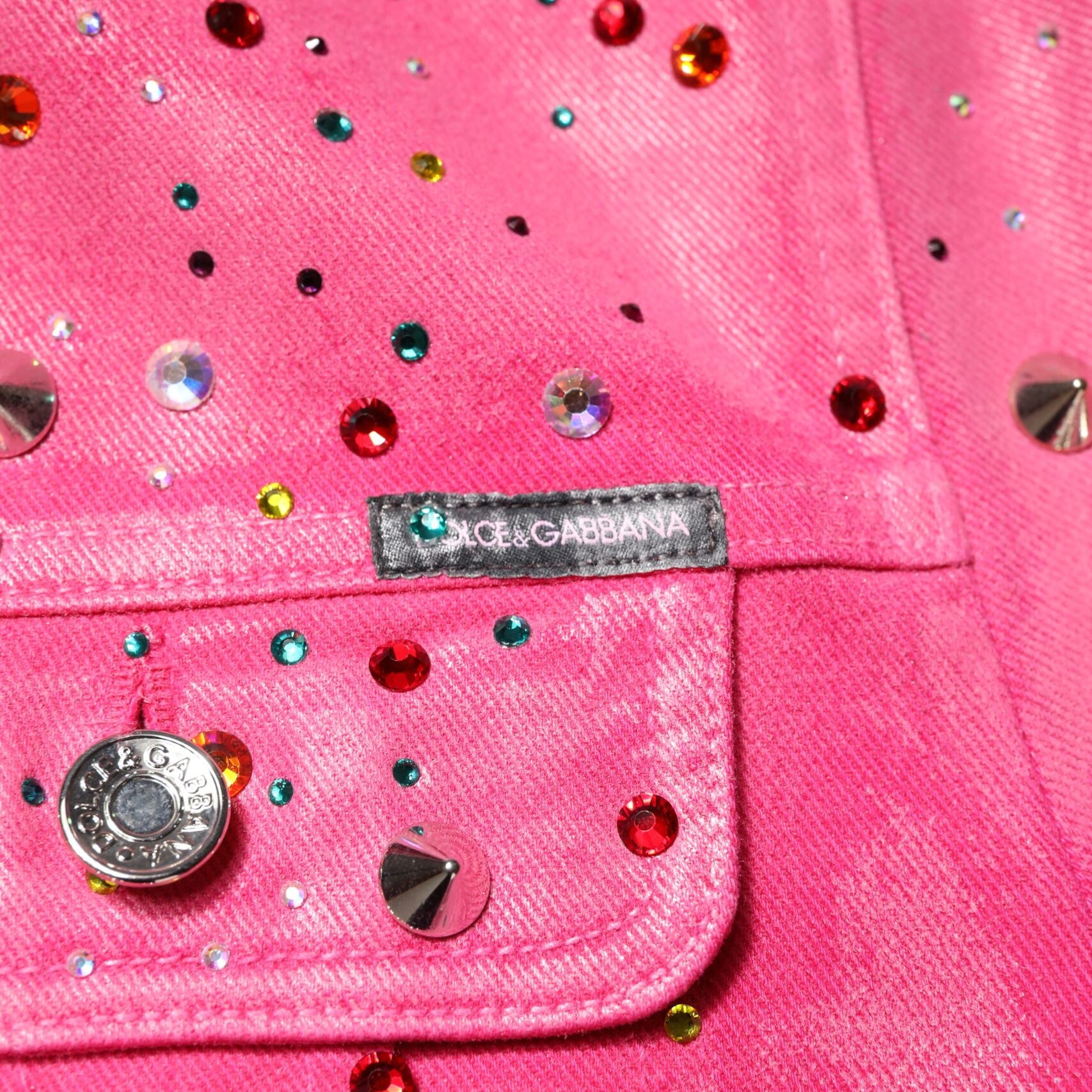 Dolce & Gabbana Pink Crystal Embellished Cotton Denim Jacket