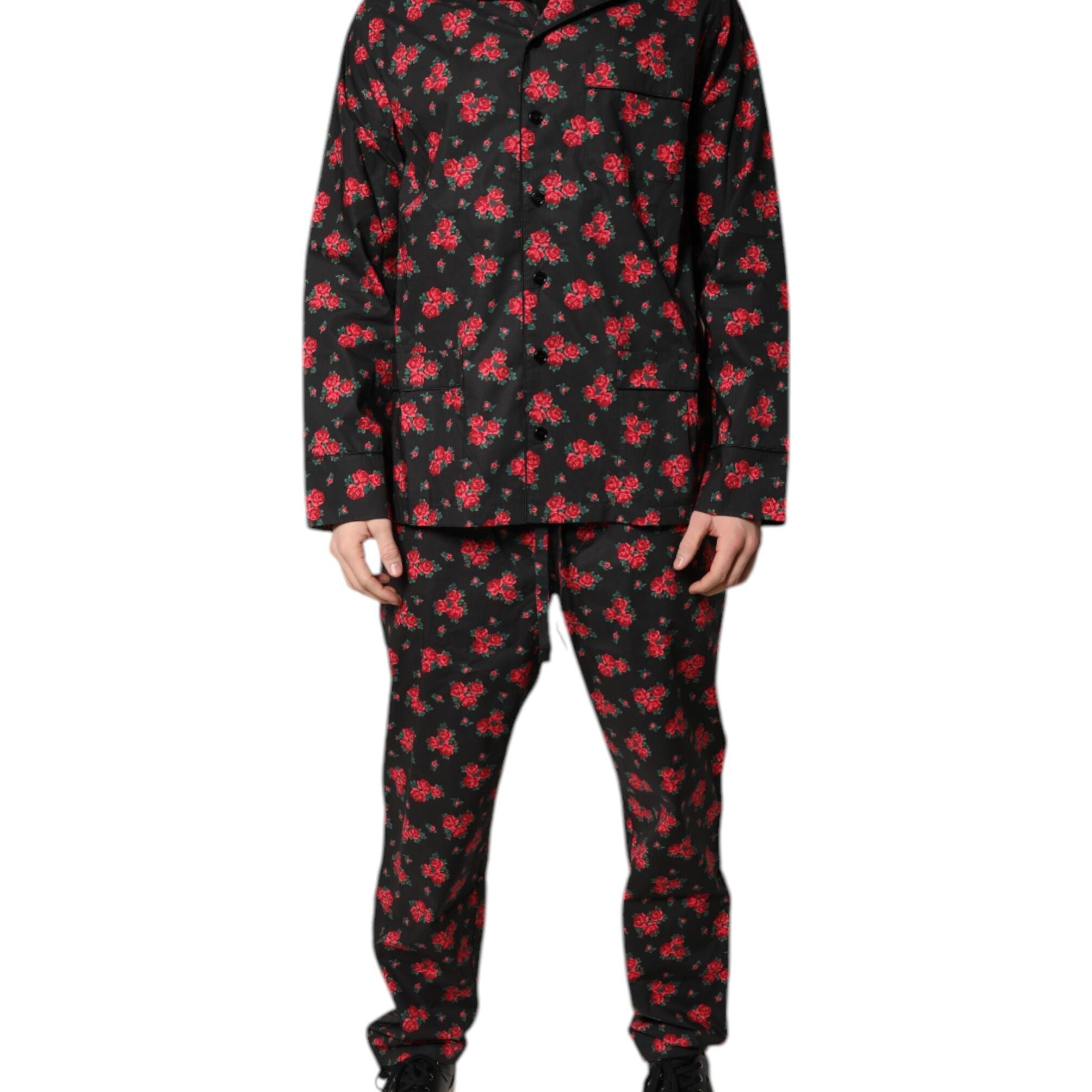 Dolce & Gabbana Black Floral Print Cotton Men Pajama Set Sleepwear