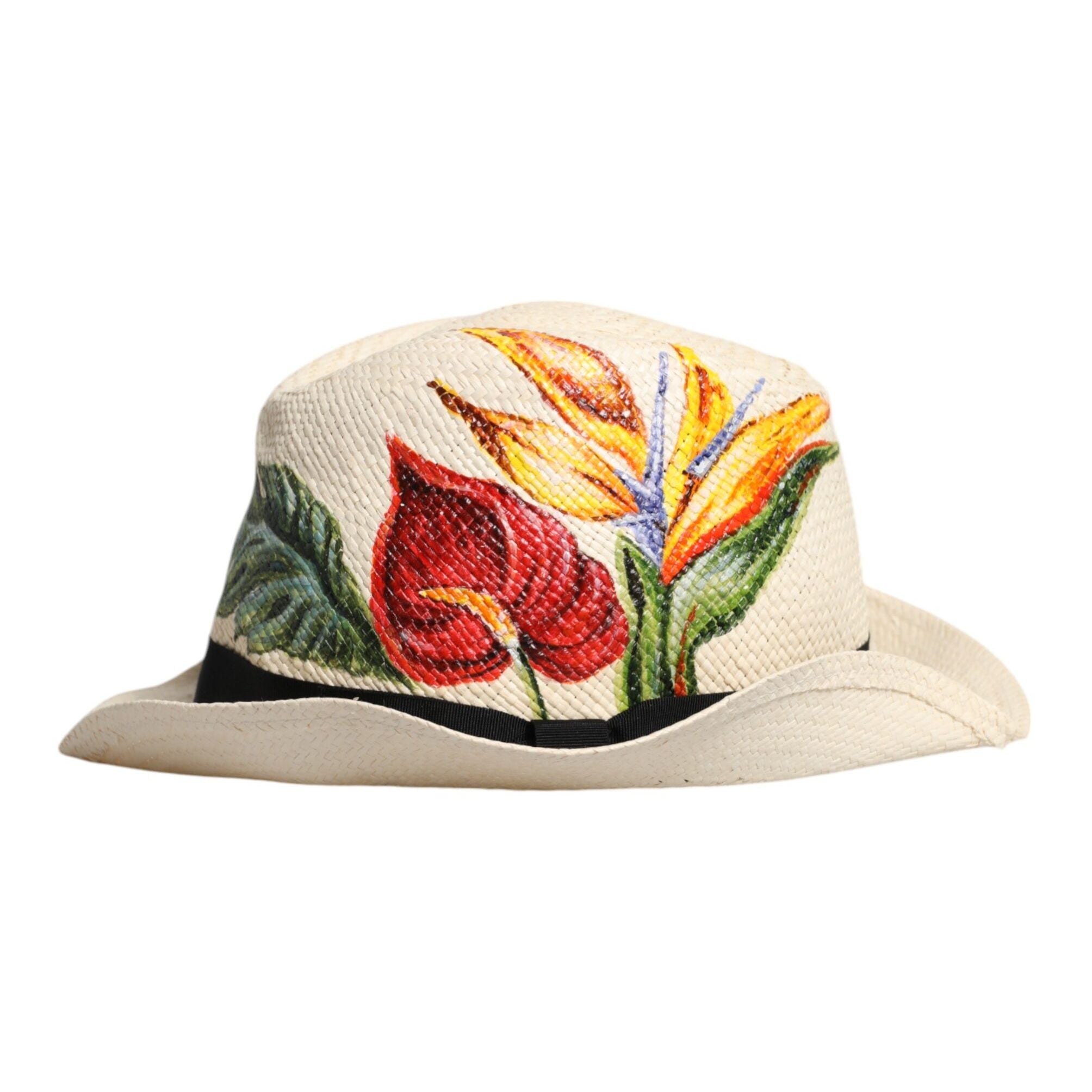 Dolce & Gabbana Beige Floral Print Straw Wide Brim Fedora Hat