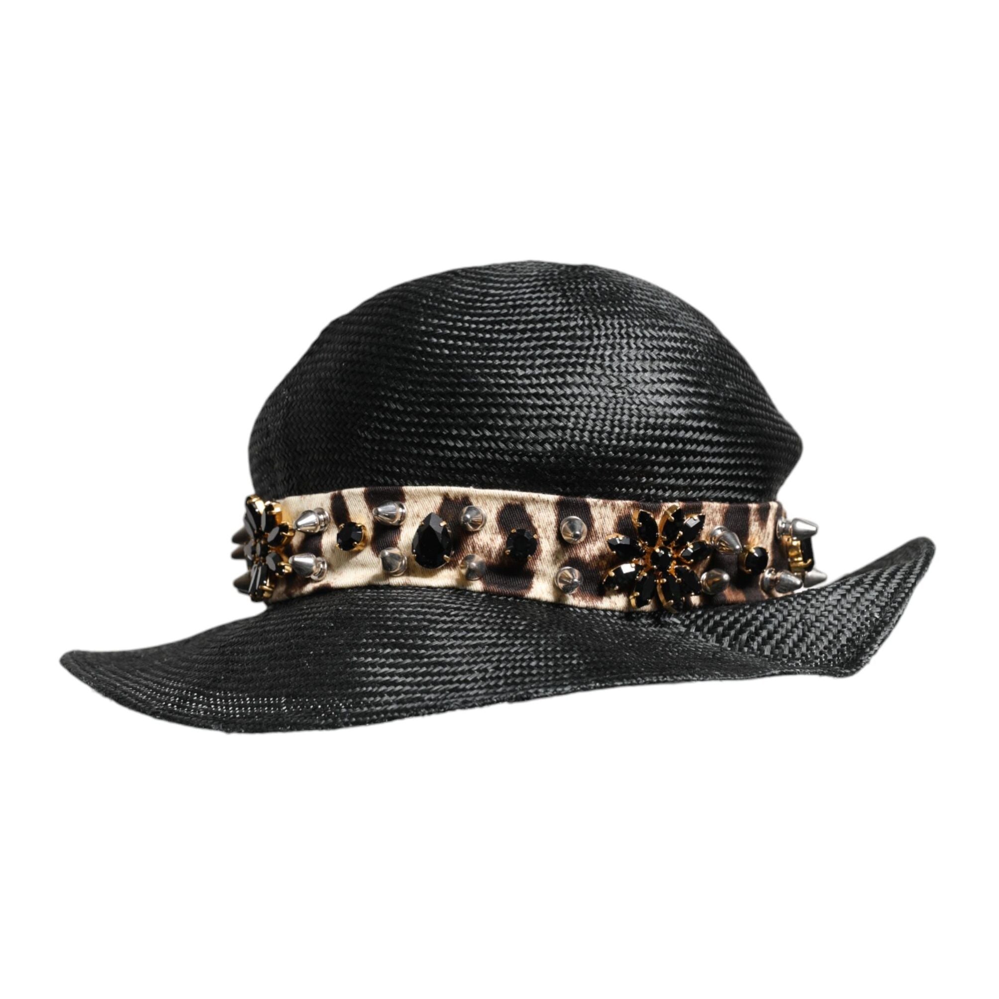 Dolce & Gabbana Black Straw Crystal Embellished Wide Brim Hat